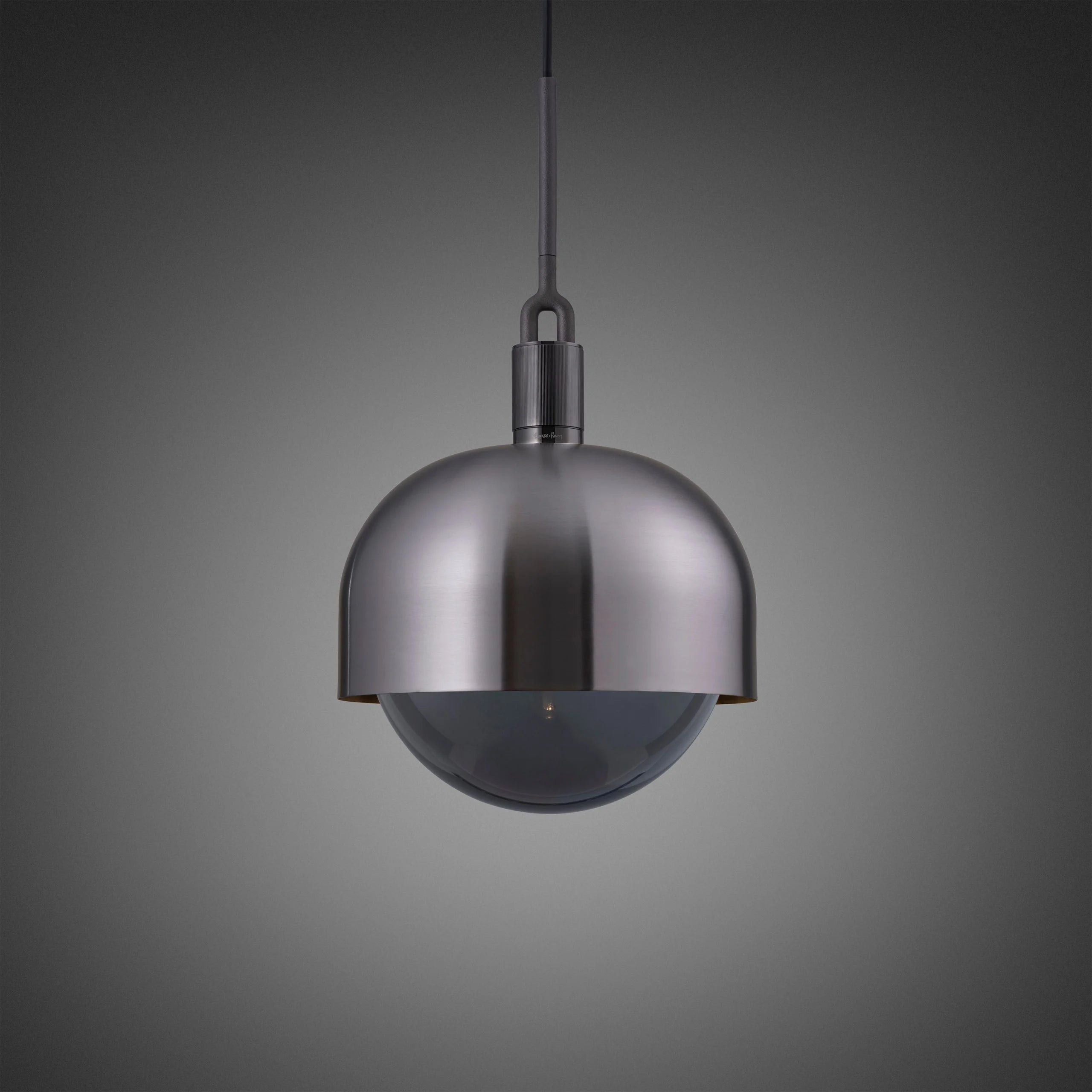 Forked Pendant Light / Shade / Globe / Smoked / Large Gun metal, front view.