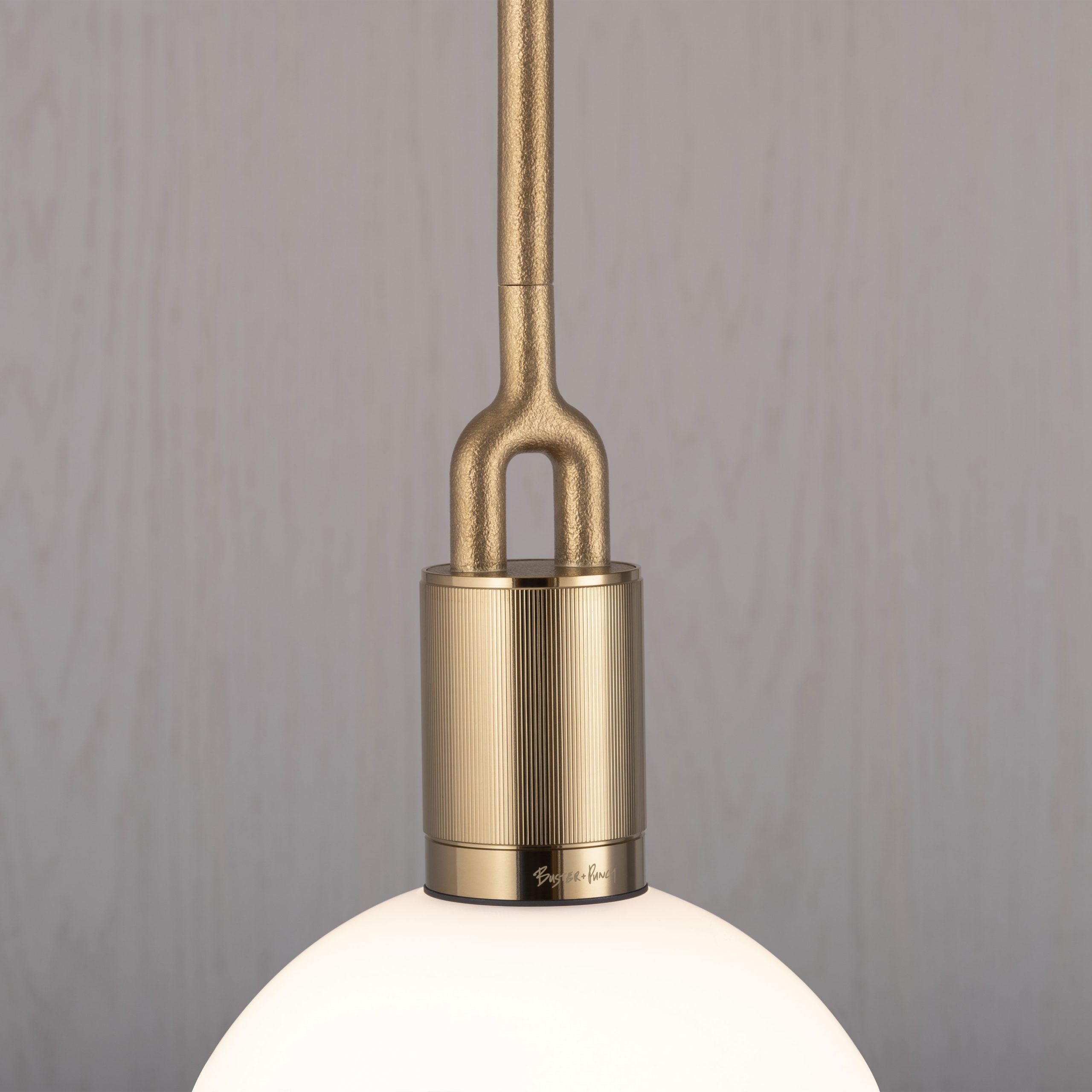 Forked Pendant Light / Globe / Opal / large brass, detailed close up view of fork.