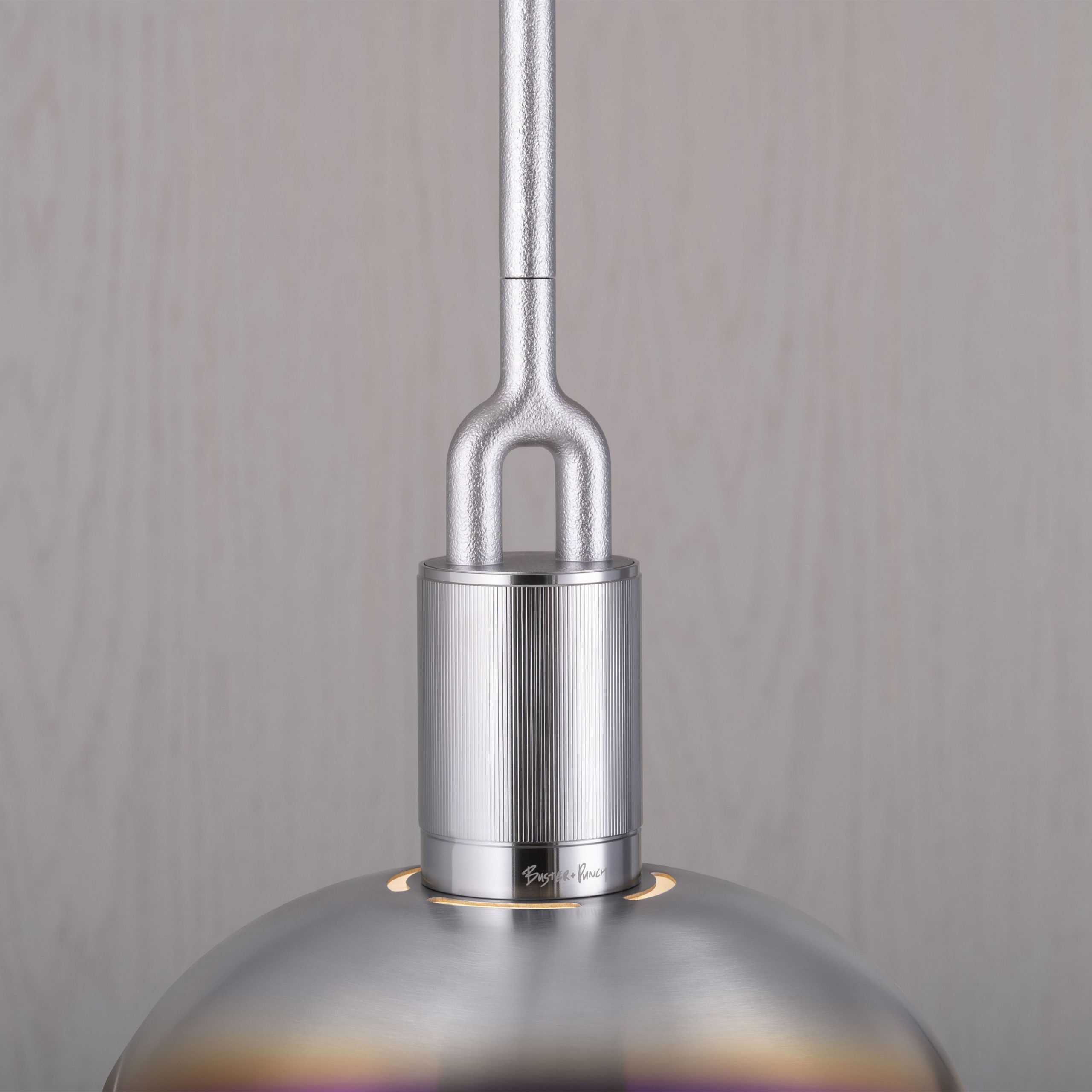 Forked Pendant Light / Shade / Globe / Smoked / Medium Burnt Steel, detailed close up view of fork.