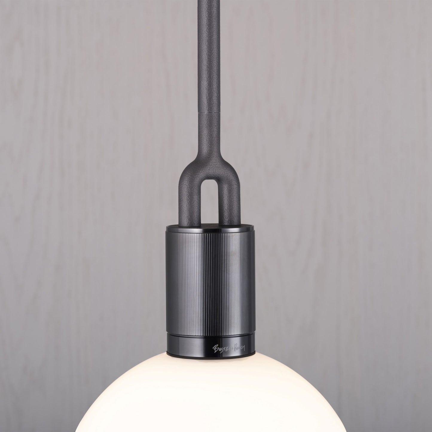Forked pendant Light / Globe / Opal / Medium gun metal, detailed close up of fork.
