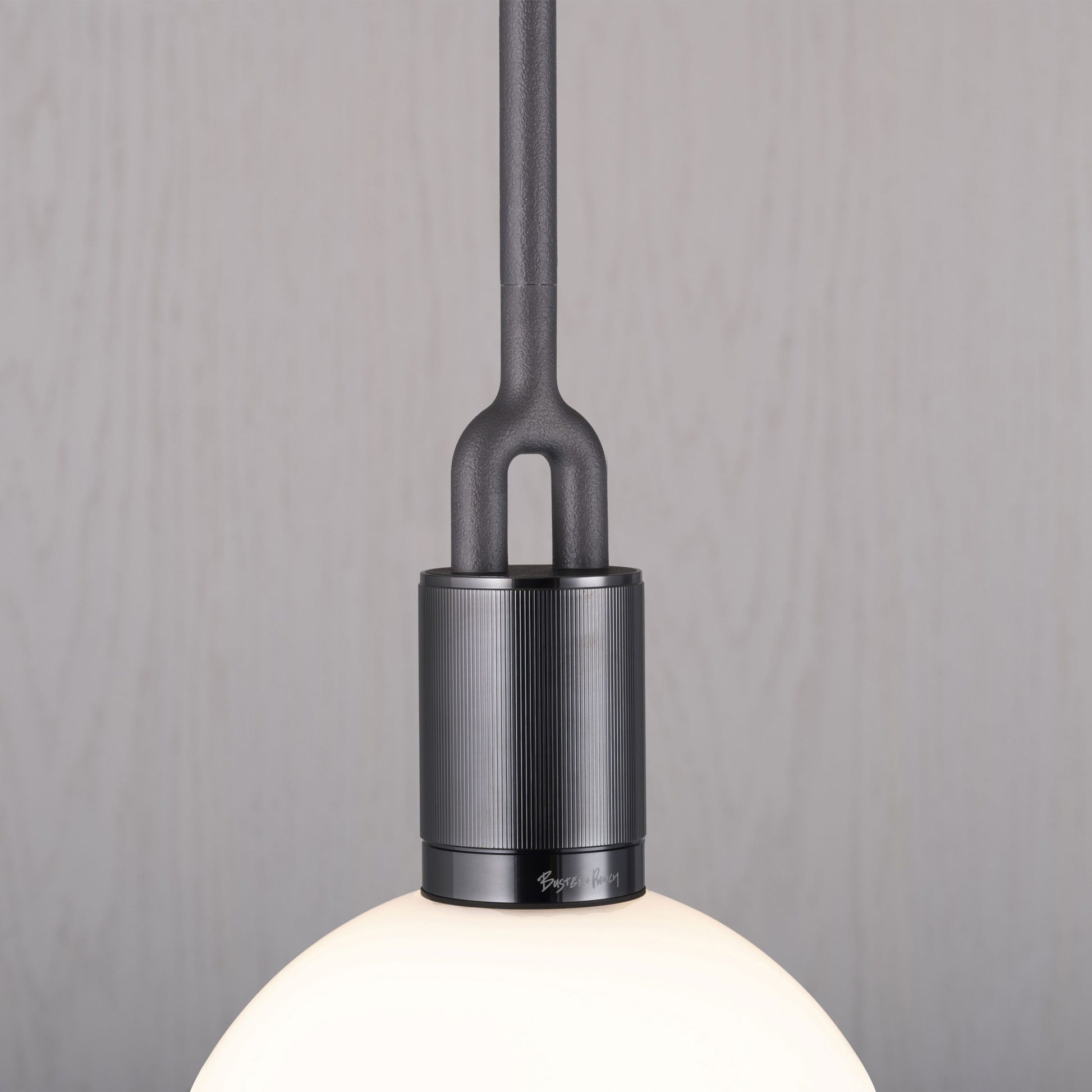 Forked pendant Light / Globe / Opal / Medium gun metal, detailed close up of fork.