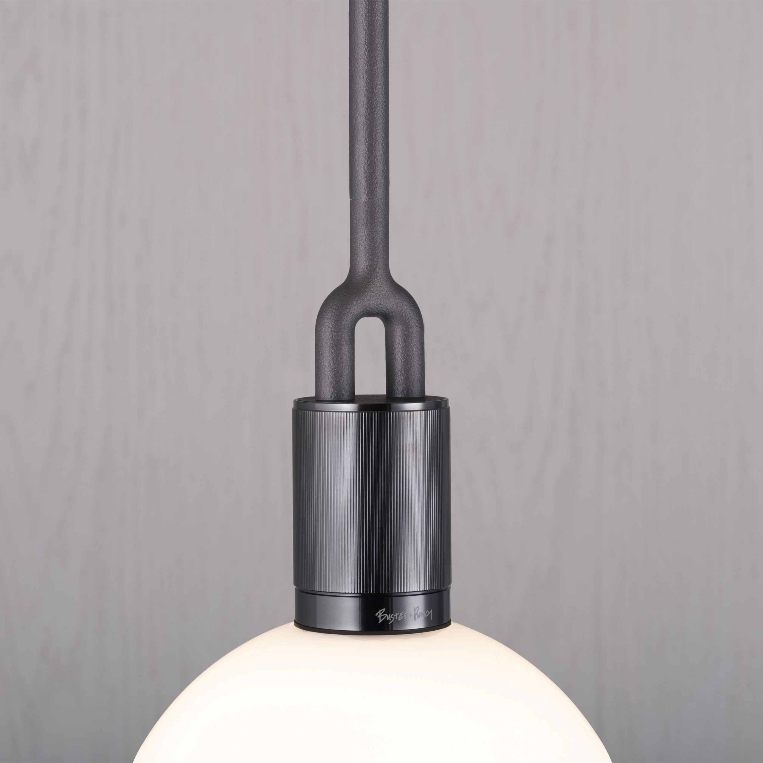 Forked Pendant Light / Globe / Opal / large gun metal, detailed close up view of fork.