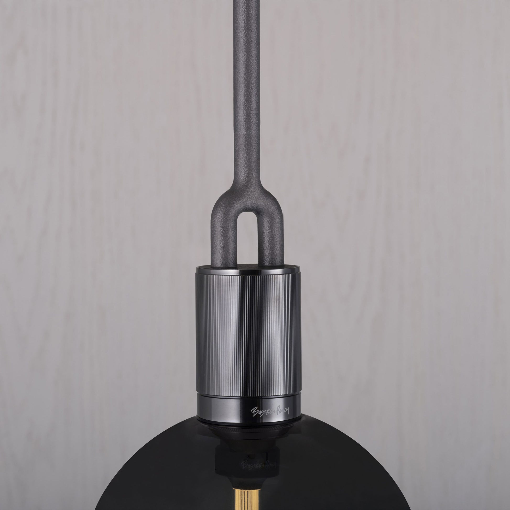 Forked Pendant Light / Globe / Smoked / Large gun metal, detailed close up view of fork.