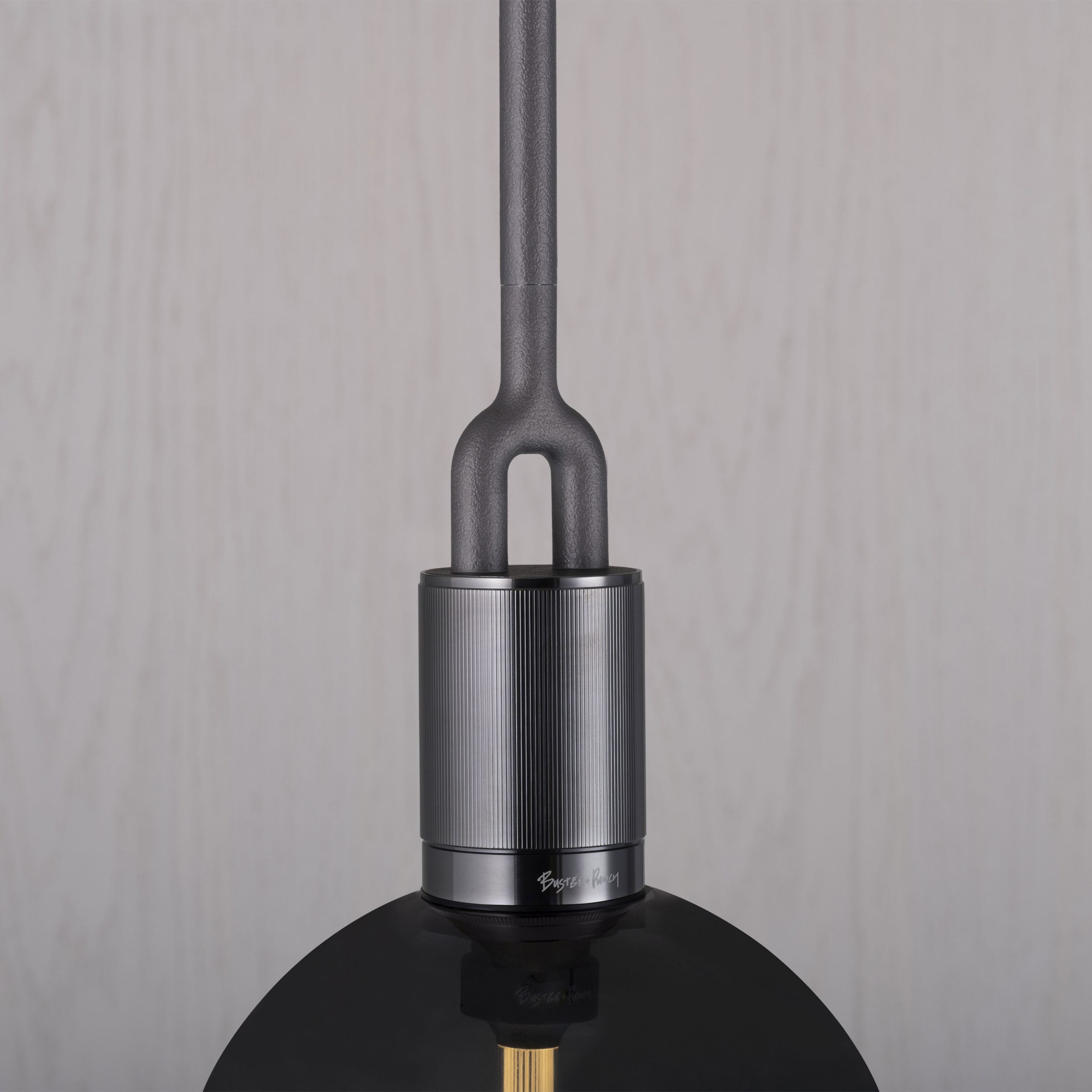 Forked Pendant Light / Globe / Smoked / Large gun metal, detailed close up view of fork.