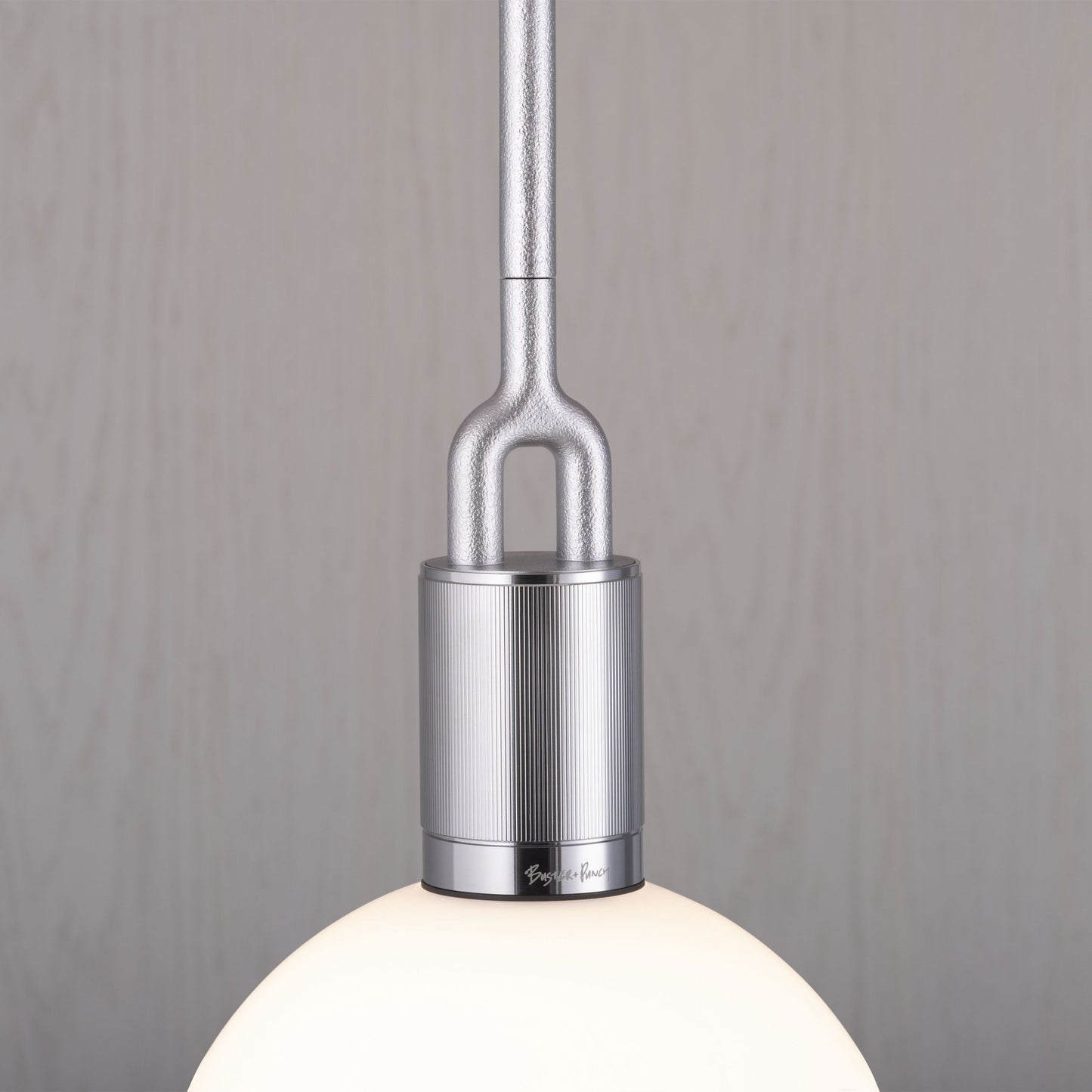 Forked pendant Light / Globe / Opal / Medium steel, detailed close up of fork.