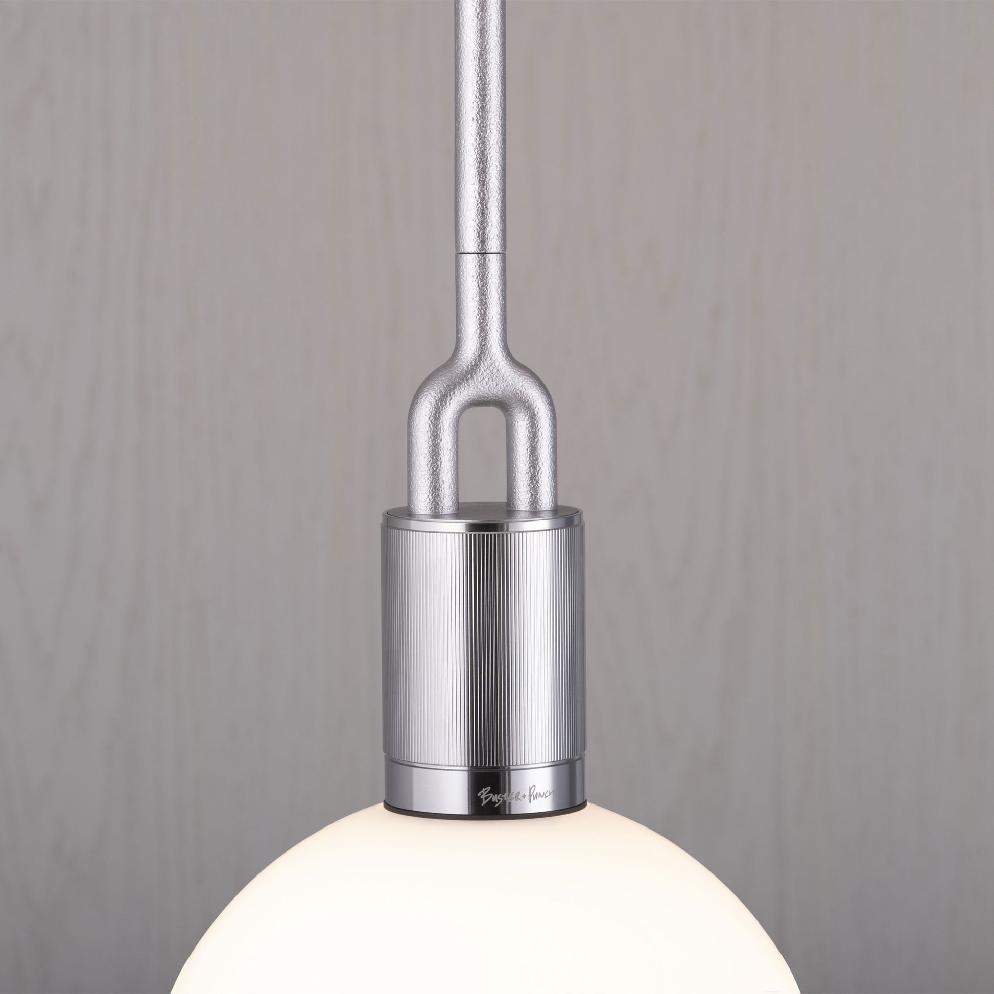 Forked pendant Light / Globe / Opal / Medium steel, detailed close up of fork.