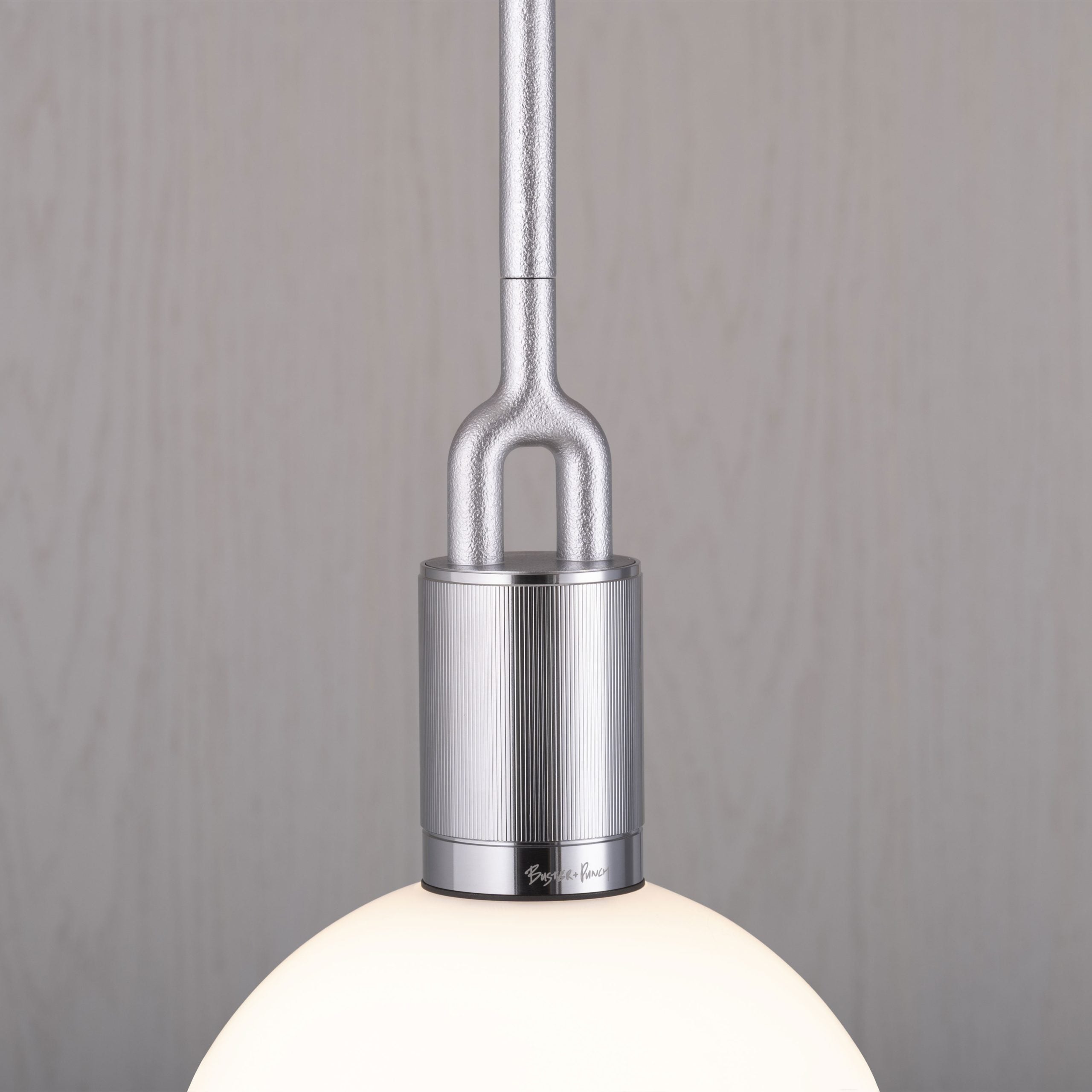 Forked Pendant Light / Globe / Opal / large steel, detailed close up view of fork.