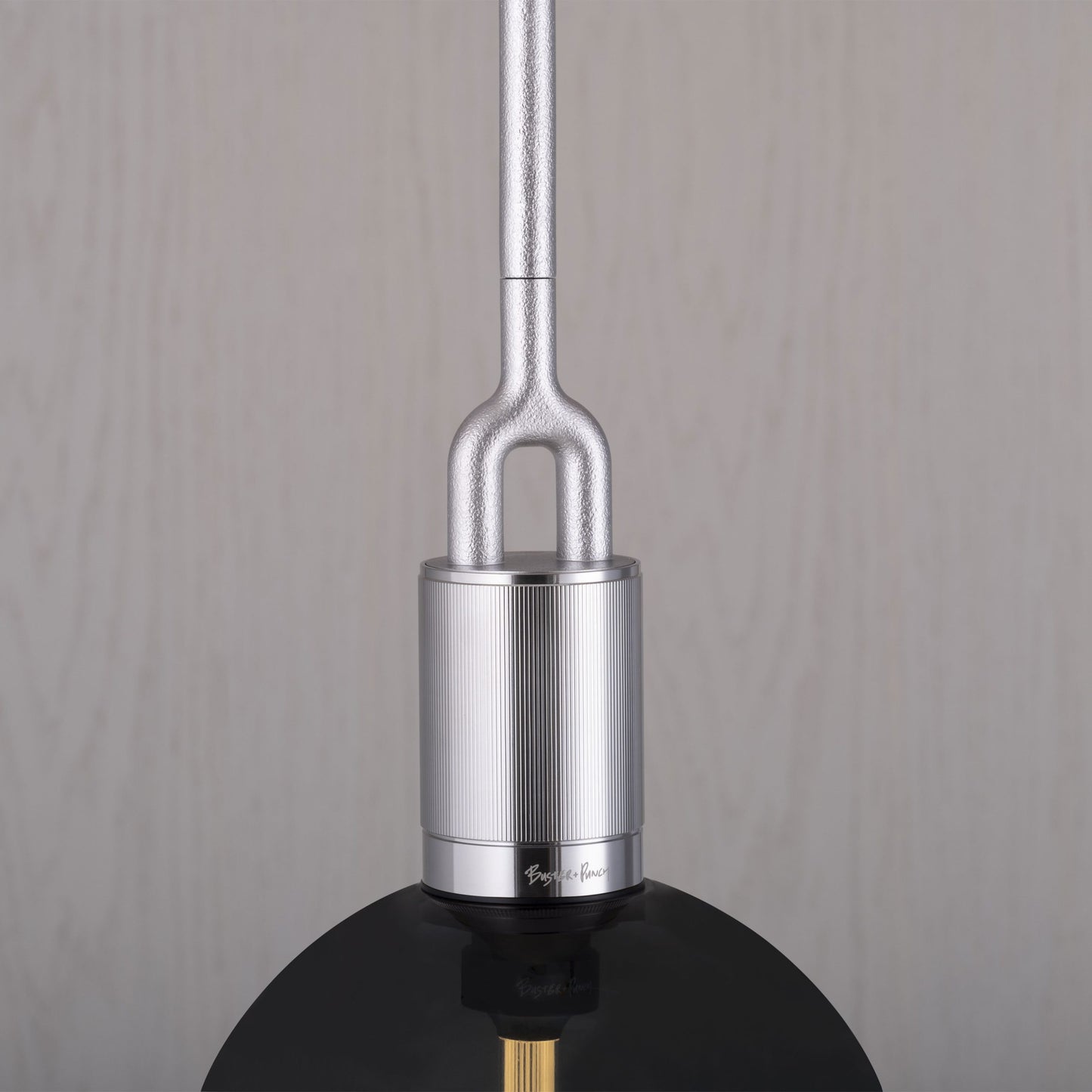Forked Pendant Light / Globe / Smoked / Large steel,detailed close up view of fork.