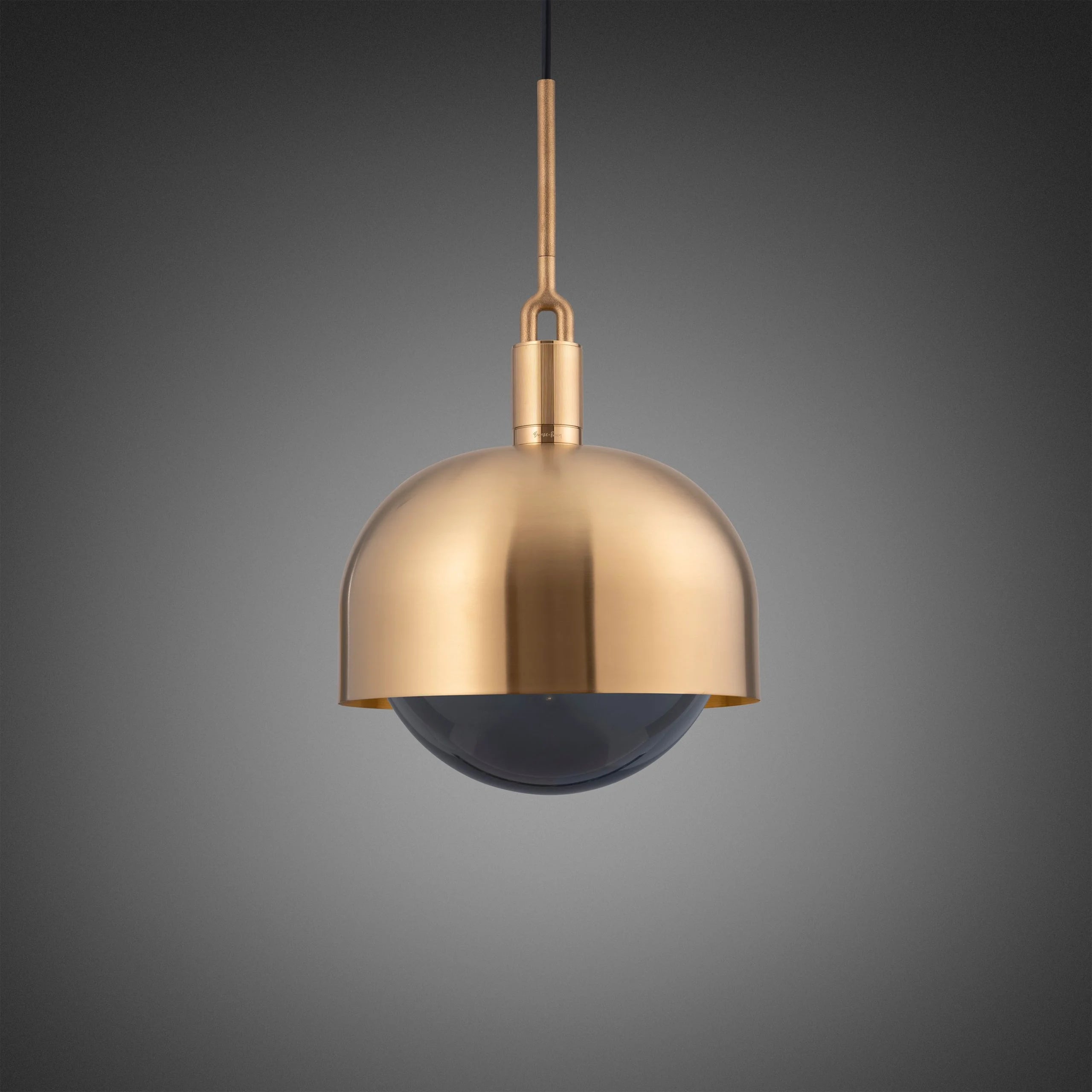 Forked Pendant Light / Shade / Globe / Smoked / Large Brass, front view.