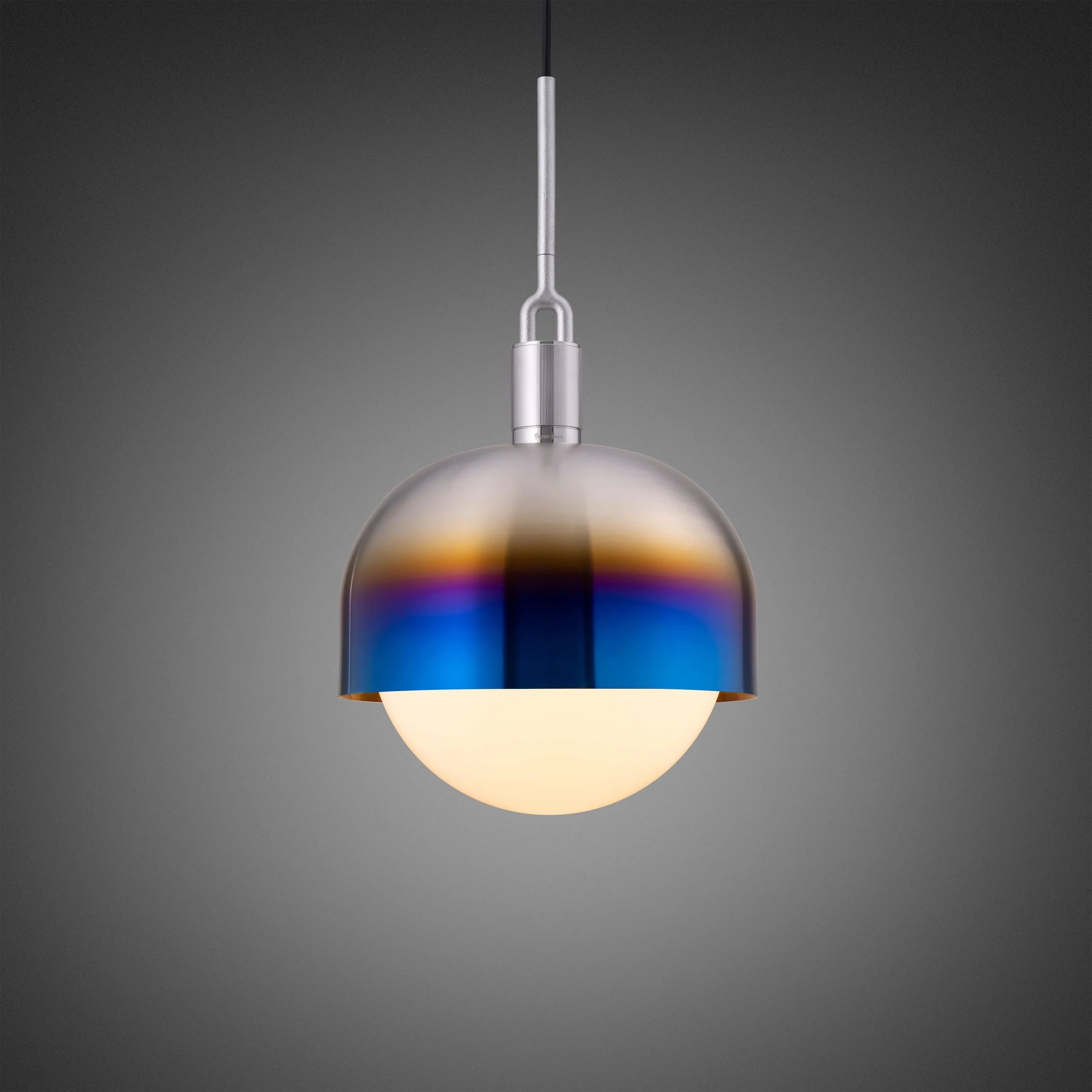 Forked Pendant Light / Shade / Globe / Opal / Large burnt steel, front view.