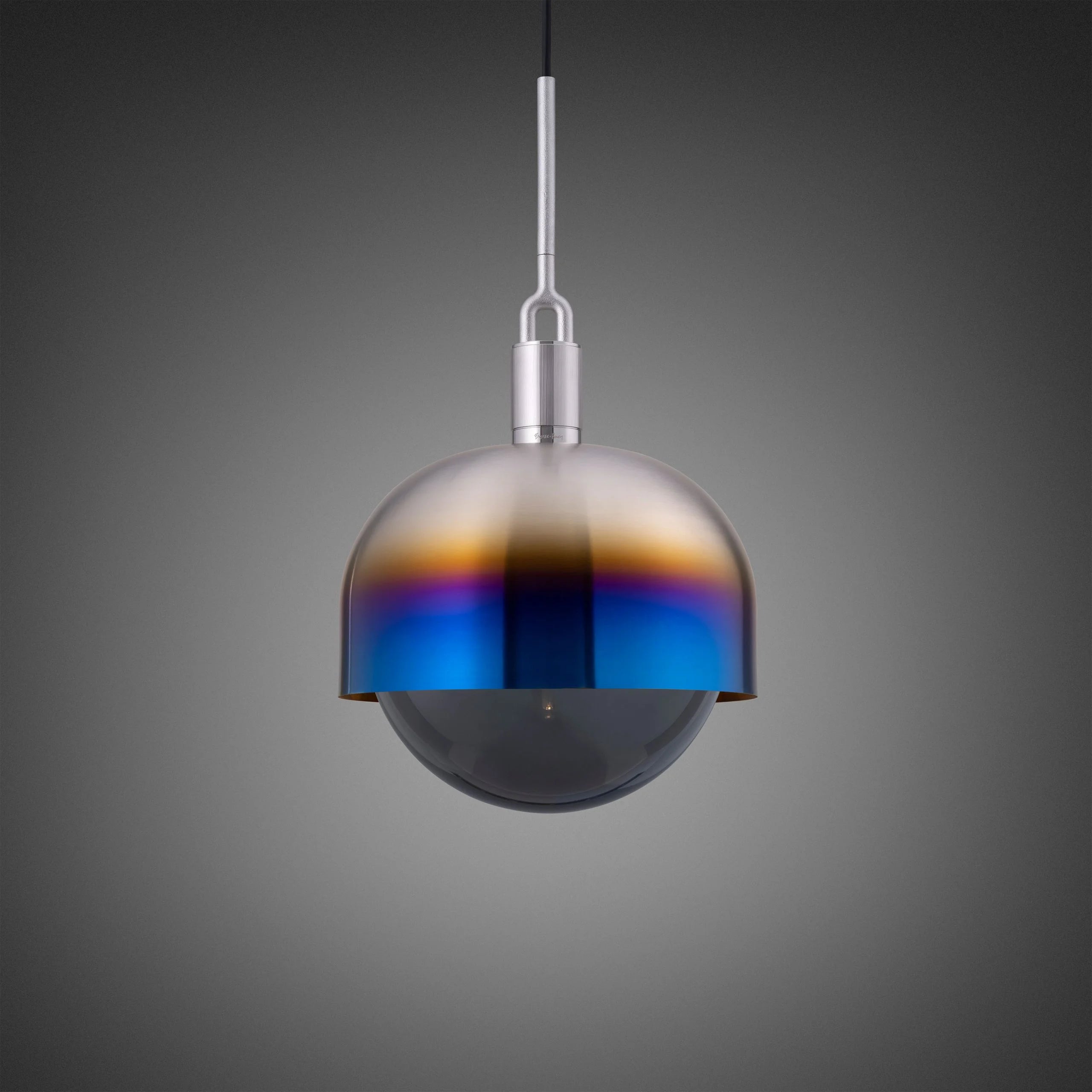 Forked Pendant Light / Shade / Globe / Smoked / Large Burnt Steel, front view.