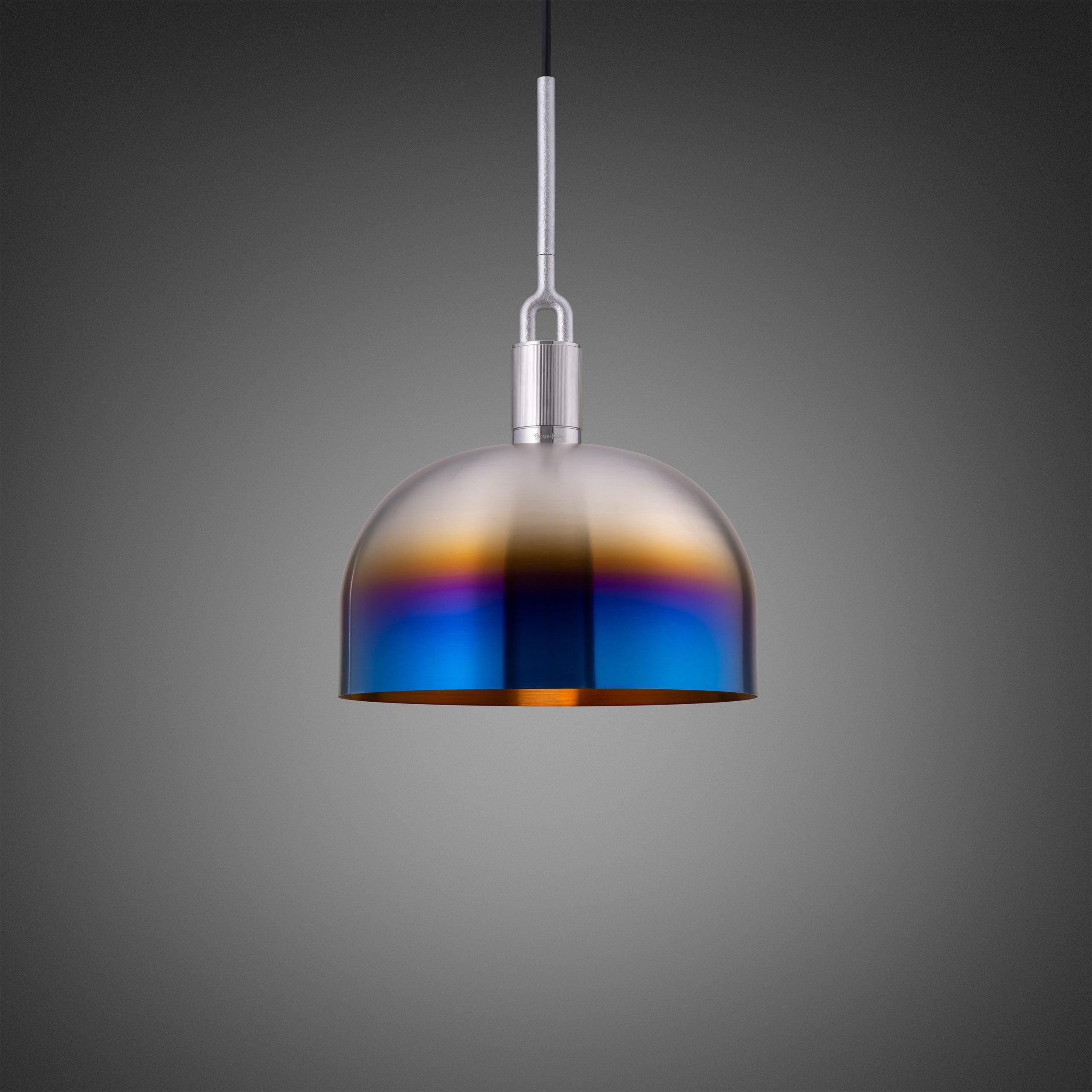 Forked Pendant Light / Shade / Large burnt steel, front view.