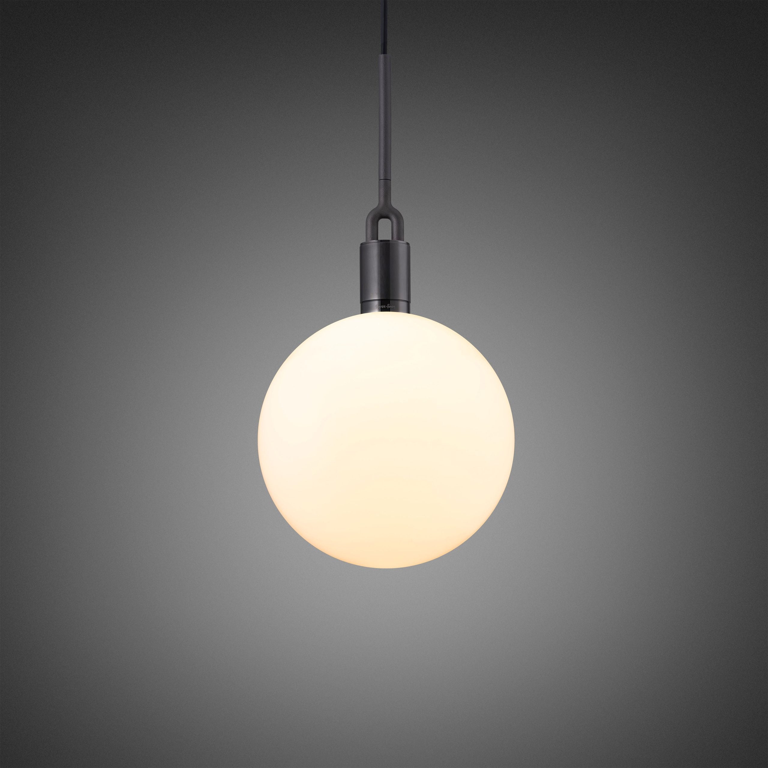 Forked Pendant Light / Globe / Opal / large gun metal, front view.