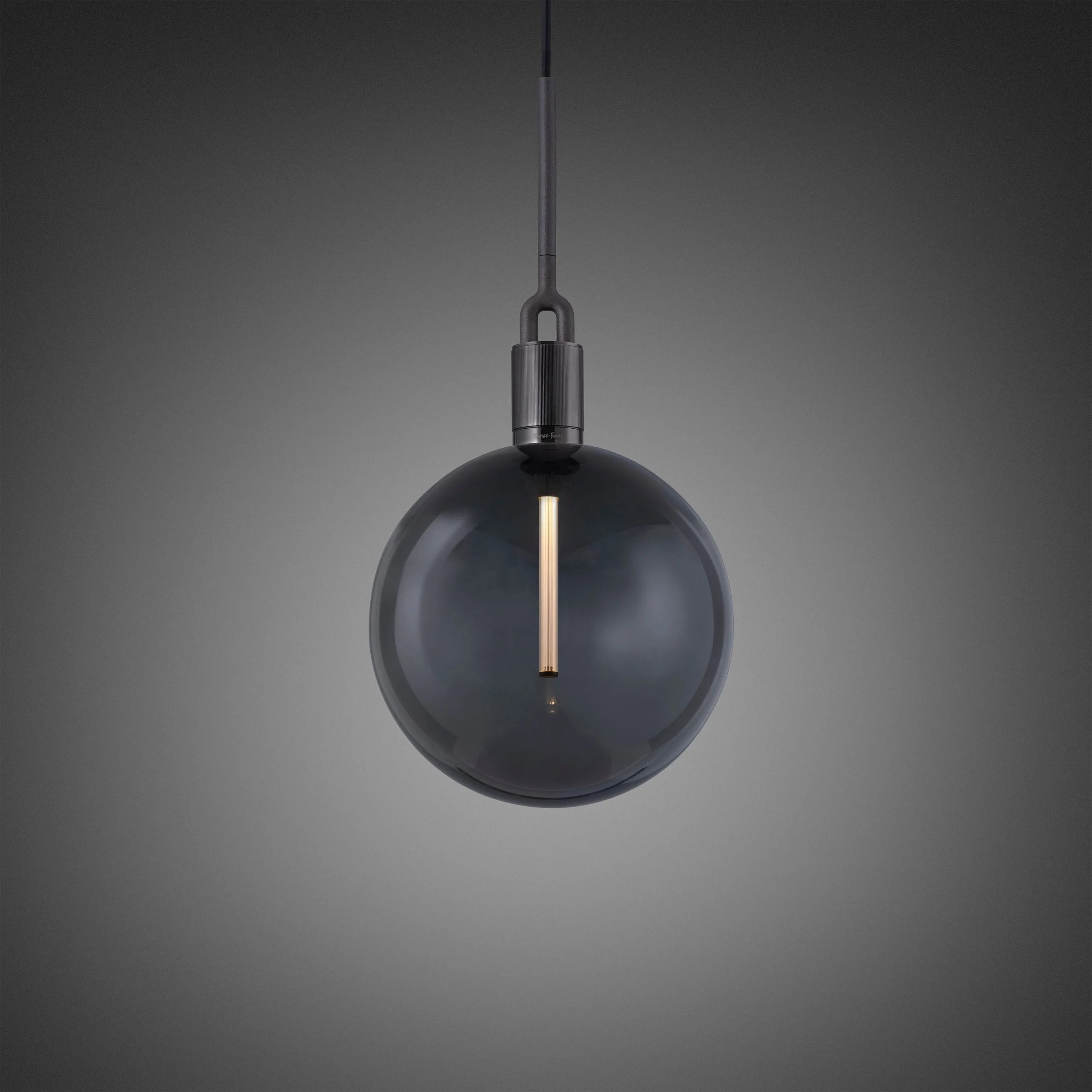 Forked Pendant Light / Globe / Smoked / Large gun metal, front view.