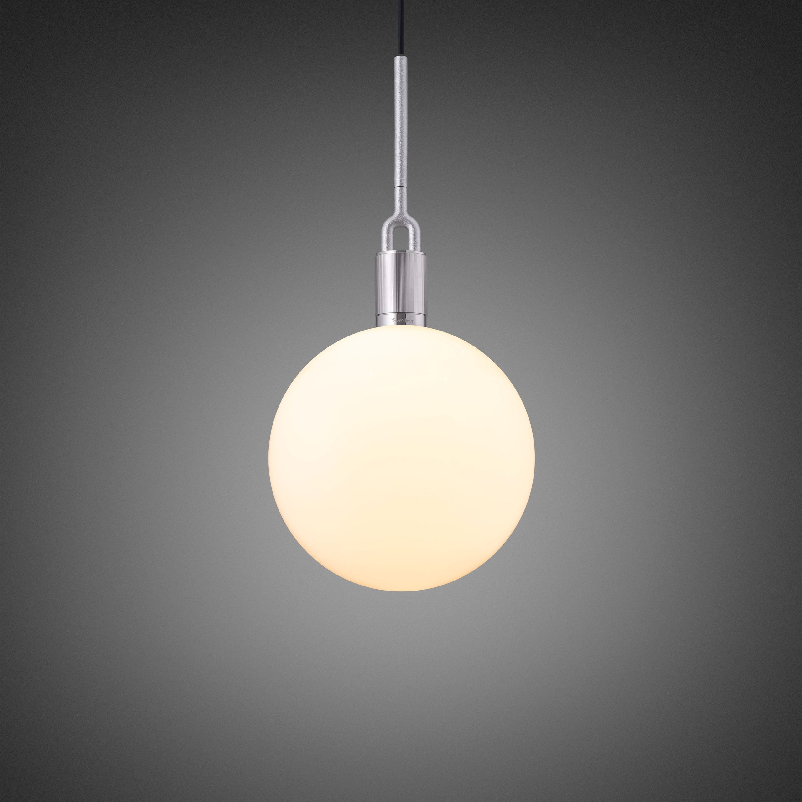 Forked Pendant Light / Globe / Opal / large steel, front view.