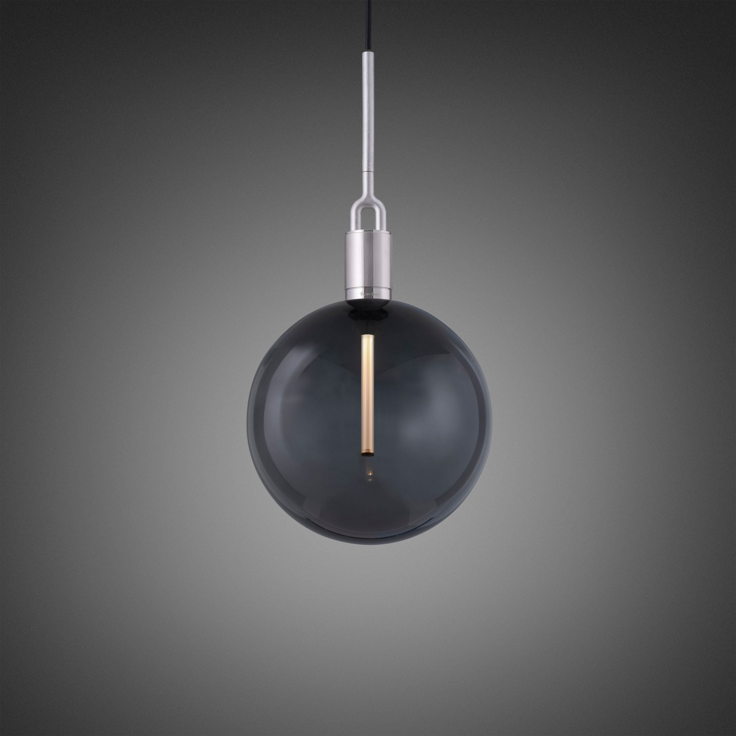 Forked Pendant Light / Globe / Smoked / Large steel, front view.