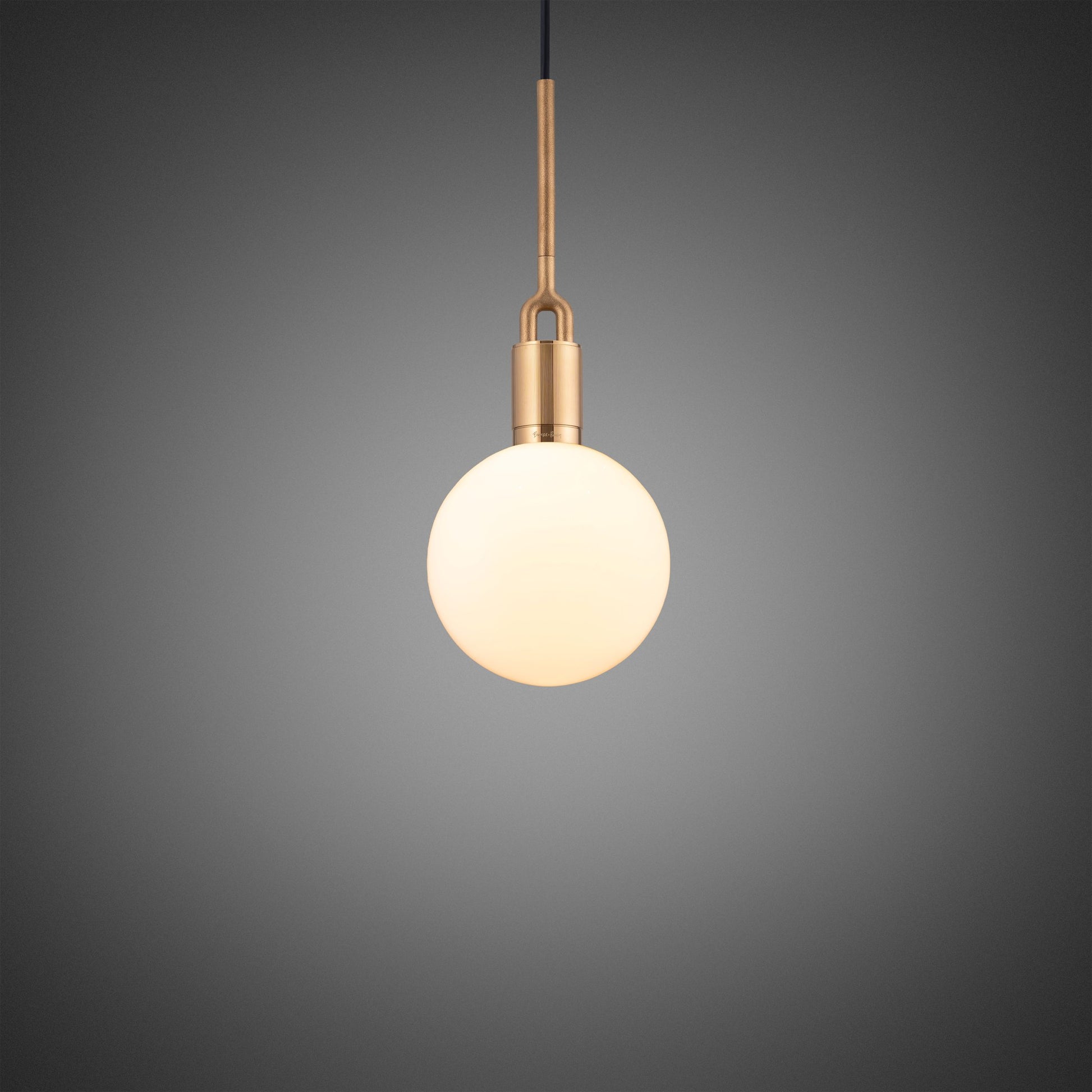 Forked pendant Light / Globe / Opal / Medium brass, front view.