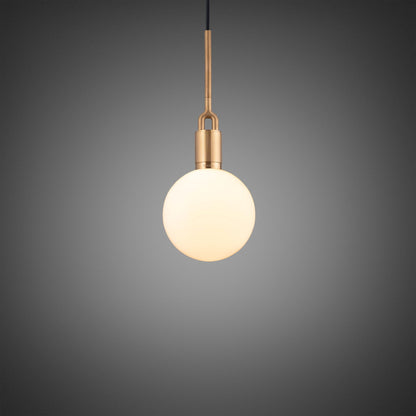 Forked pendant Light / Globe / Opal / Medium brass, front view.