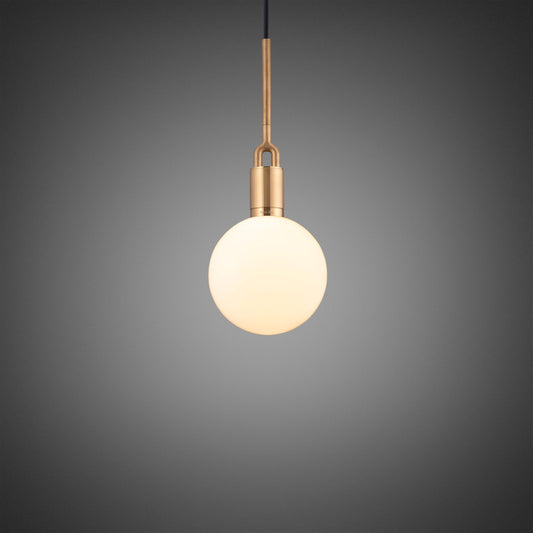 Forked pendant Light / Globe / Opal / Medium brass, front view.