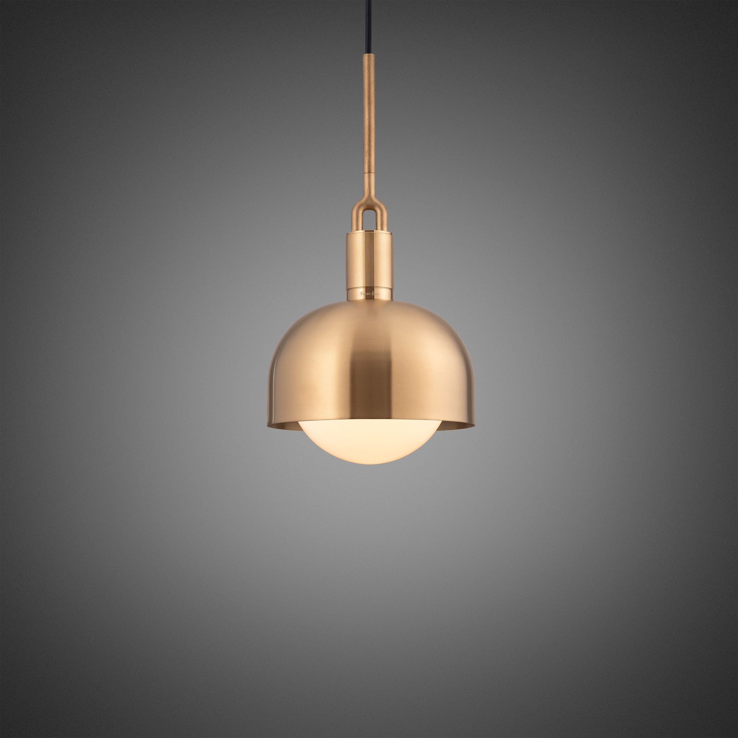 Forked Pendant Light / Shade / Globe / Opal / Medium brass, front view.