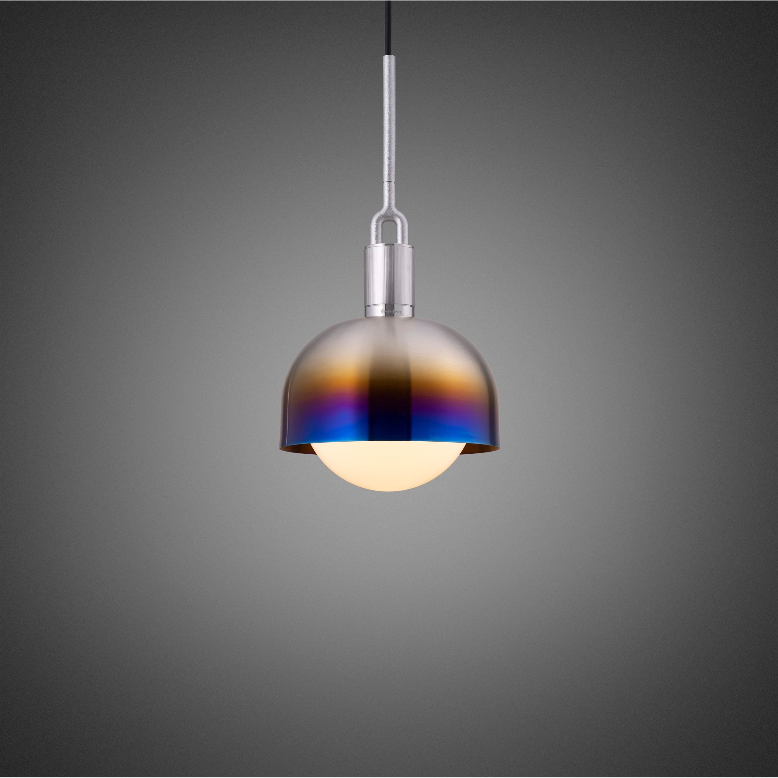 Forked Pendant Light / Shade / Globe / Opal / Medium burnt steel, front view.