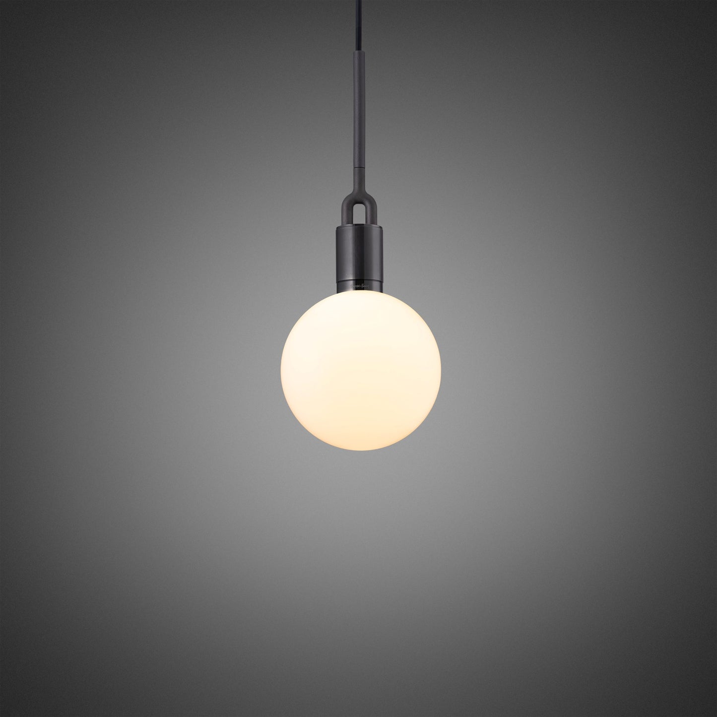 Forked pendant Light / Globe / Opal / Medium gun metal, front view.