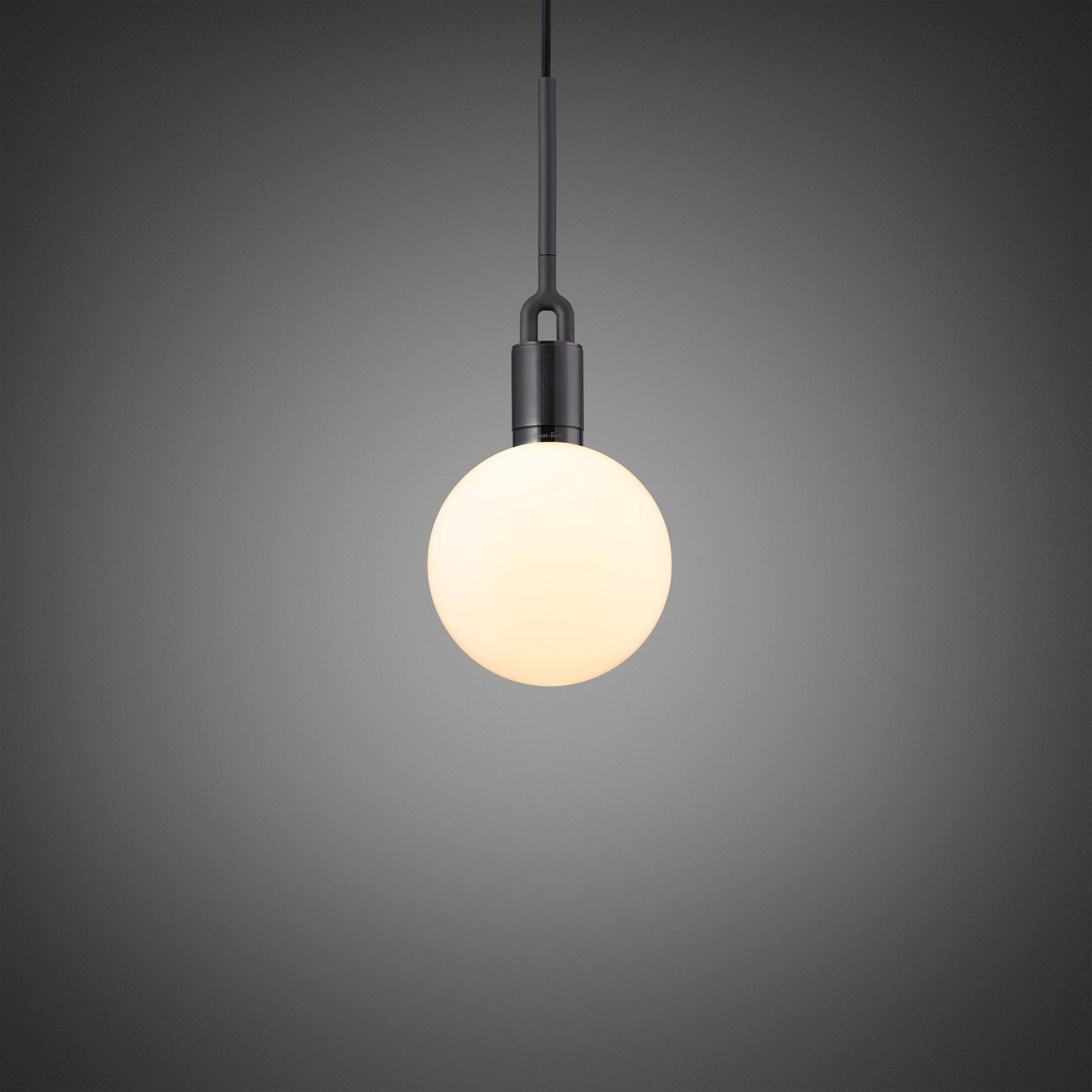 Forked pendant Light / Globe / Opal / Medium gun metal, front view.