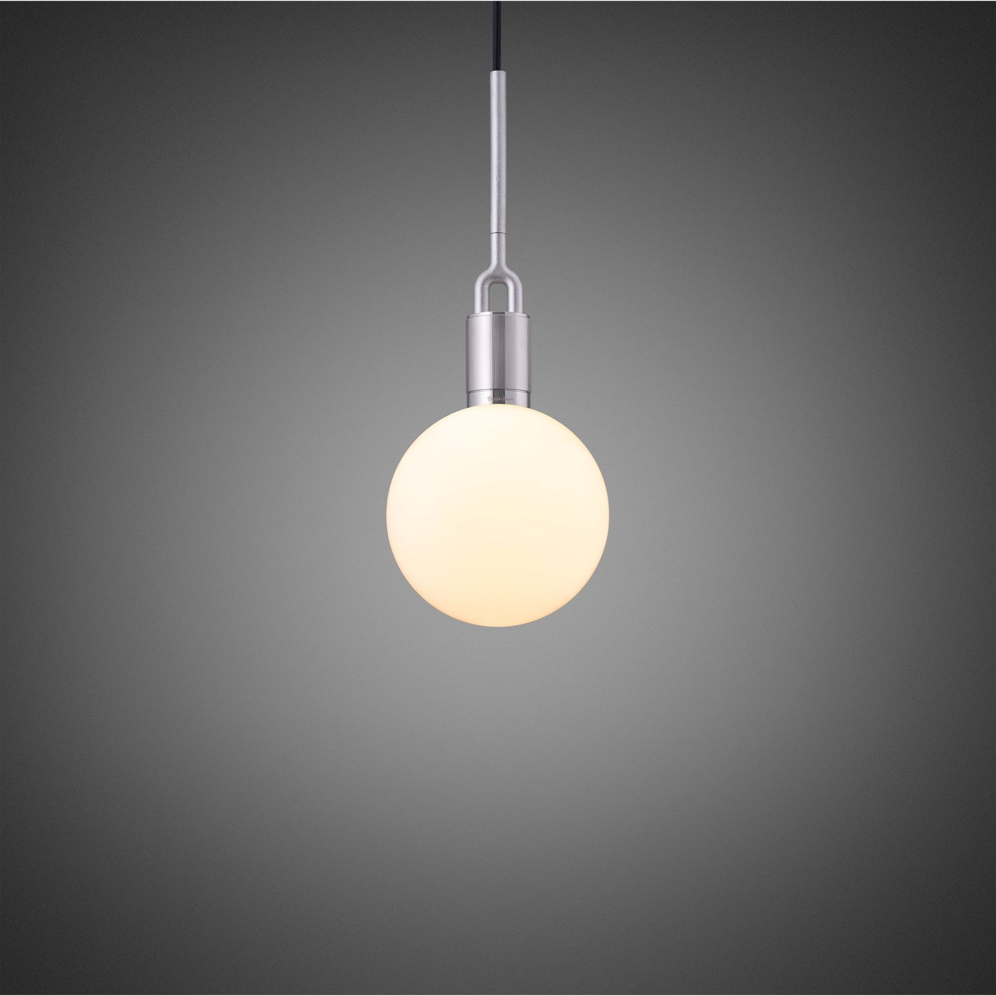 Forked pendant Light / Globe / Opal / Medium steel, front view.