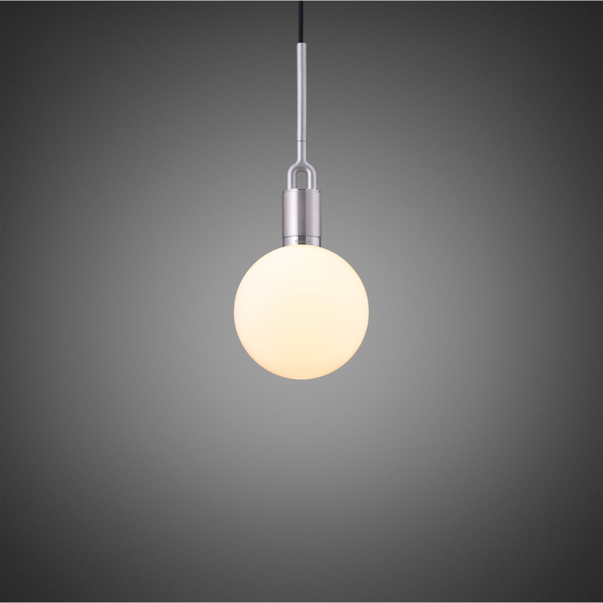 Forked pendant Light / Globe / Opal / Medium steel, front view.