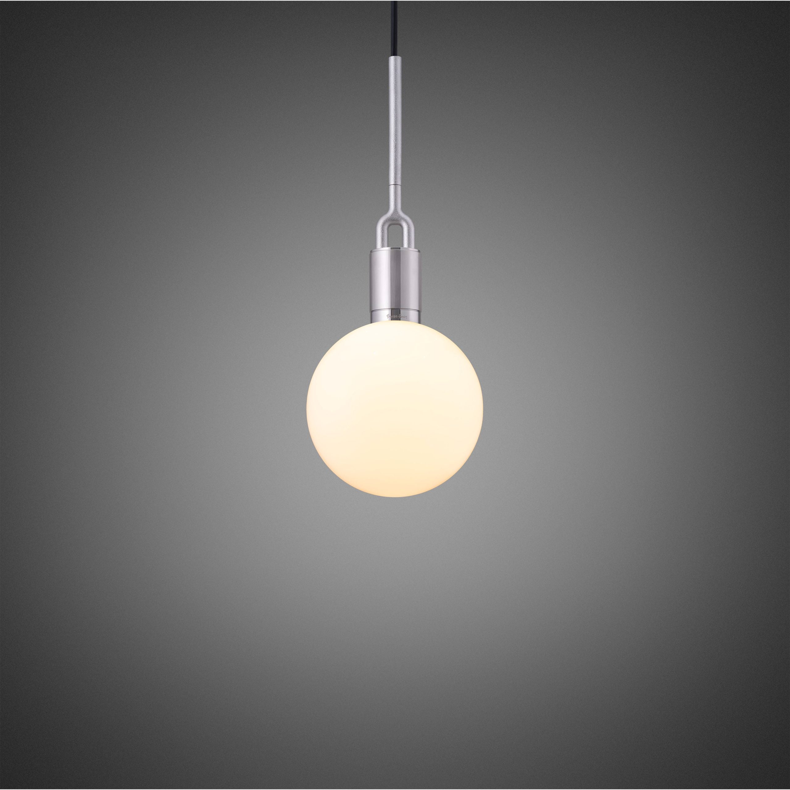 Forked pendant Light / Globe / Opal / Medium steel, front view.