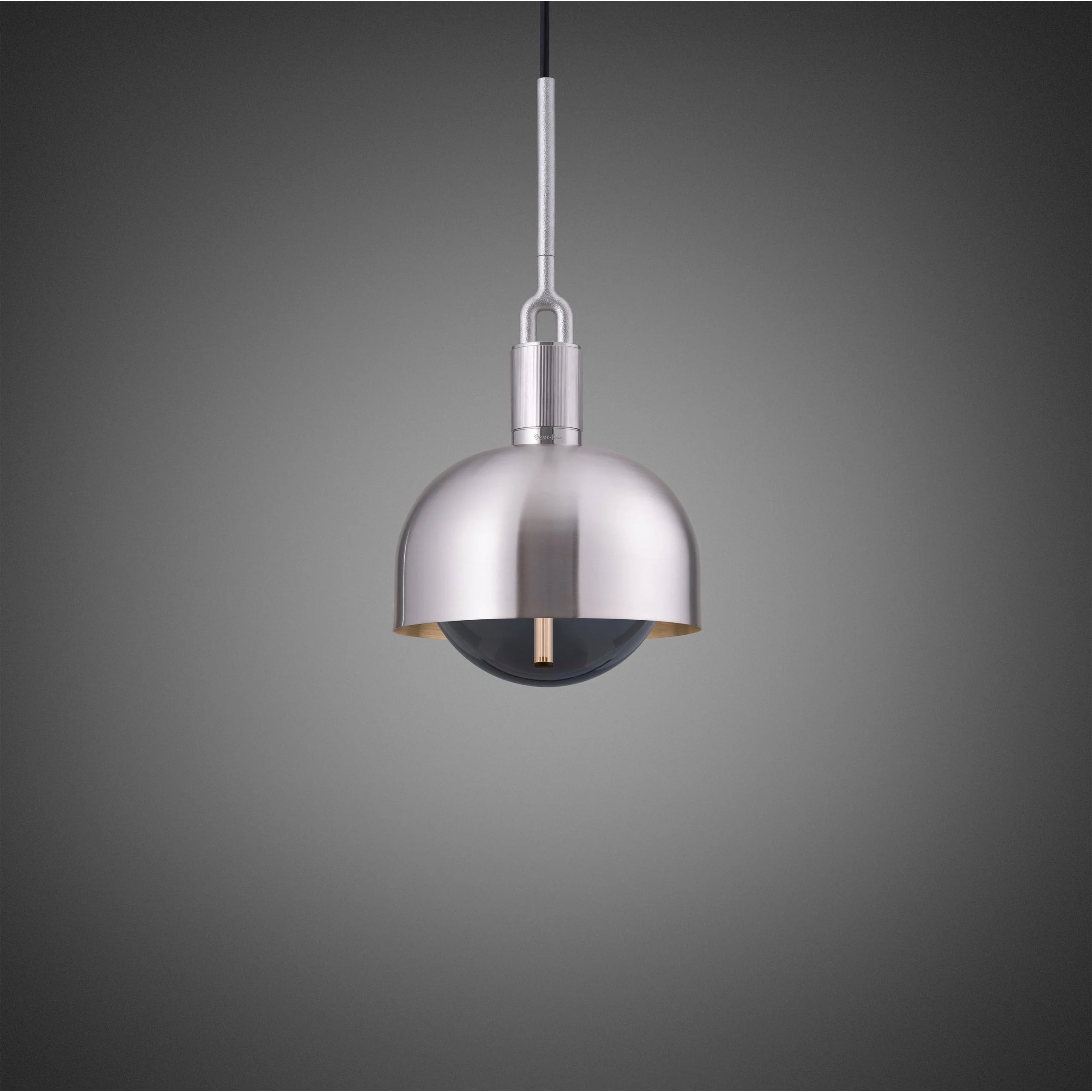 Forked Pendant Light / Shade / Globe / Smoked / Medium Steel, front view.