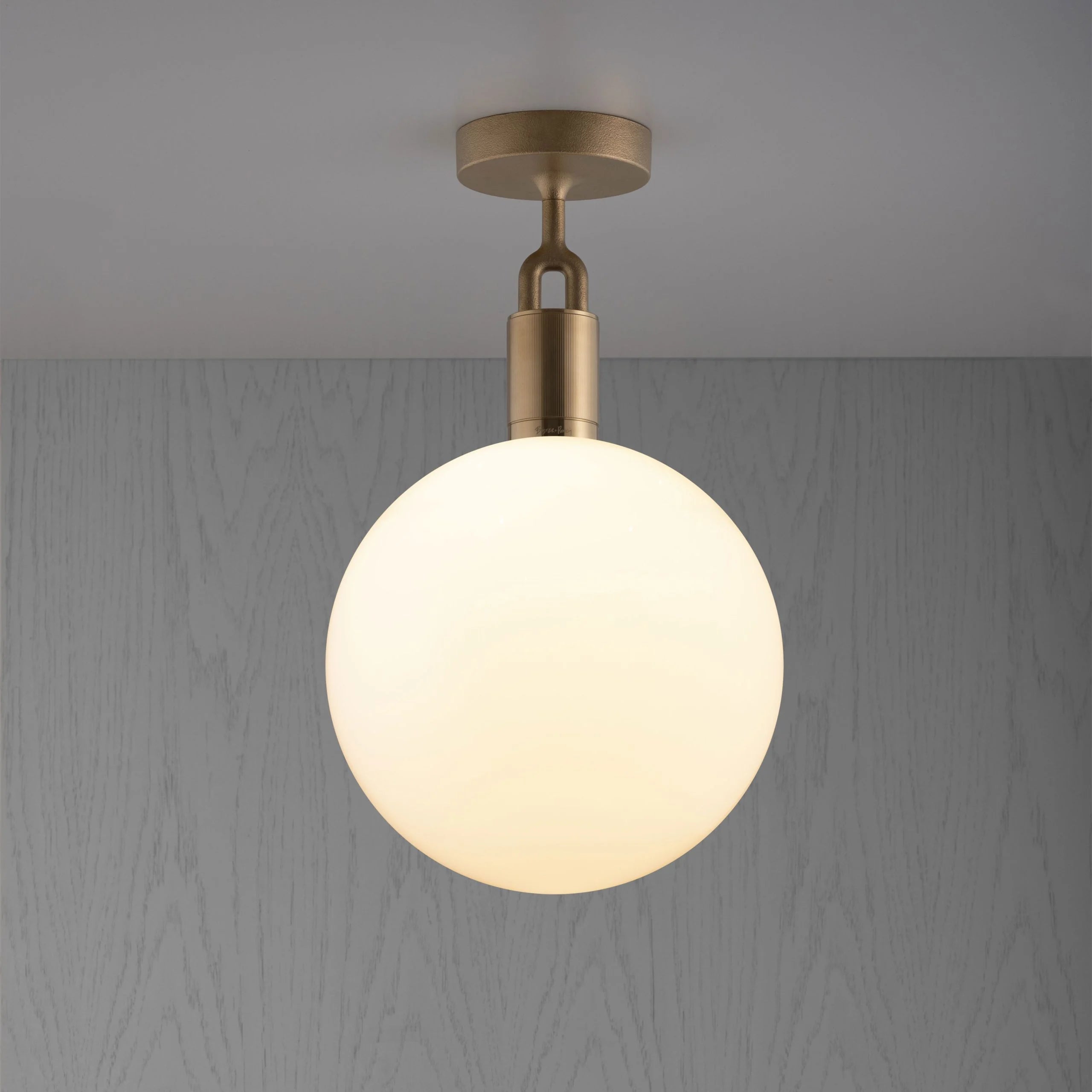 Forked Ceiling Light / Globe / Opal / Large Brass, front view.
