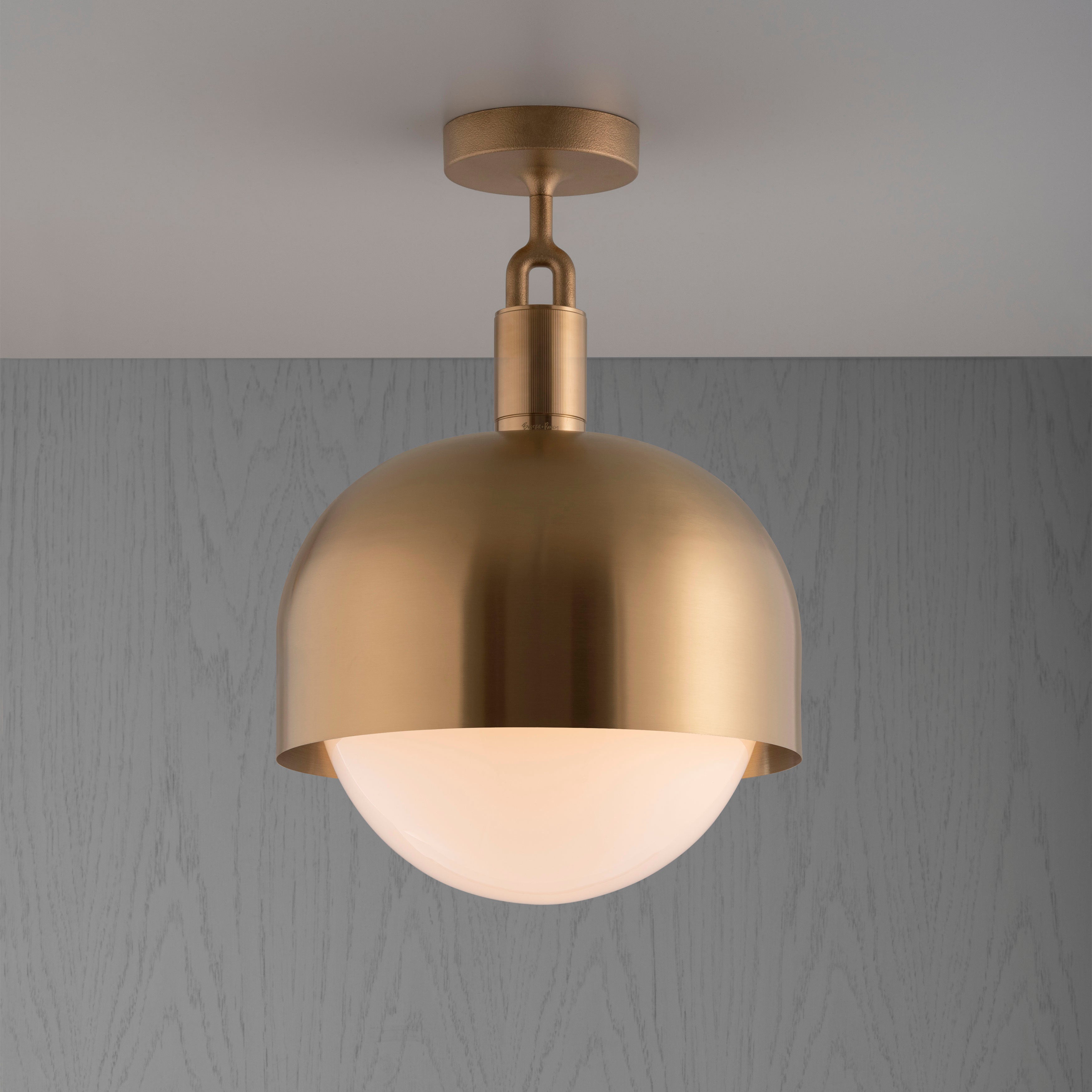 Forked Ceiling Light / Shade / Globe / Opal / Medium brass , front view.