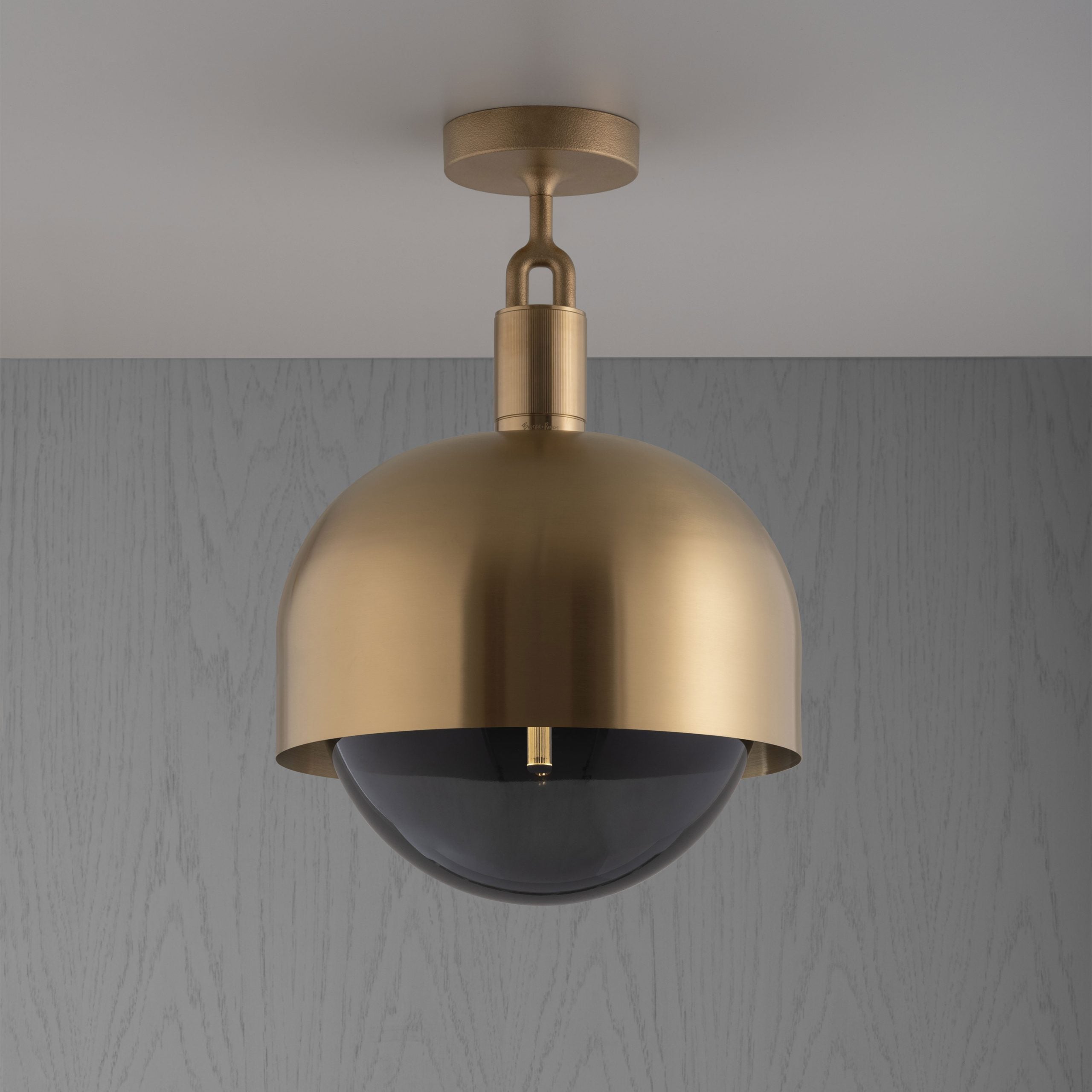 Forked Ceiling Light / Shade / Globe / Smoked / Large brass, front view.