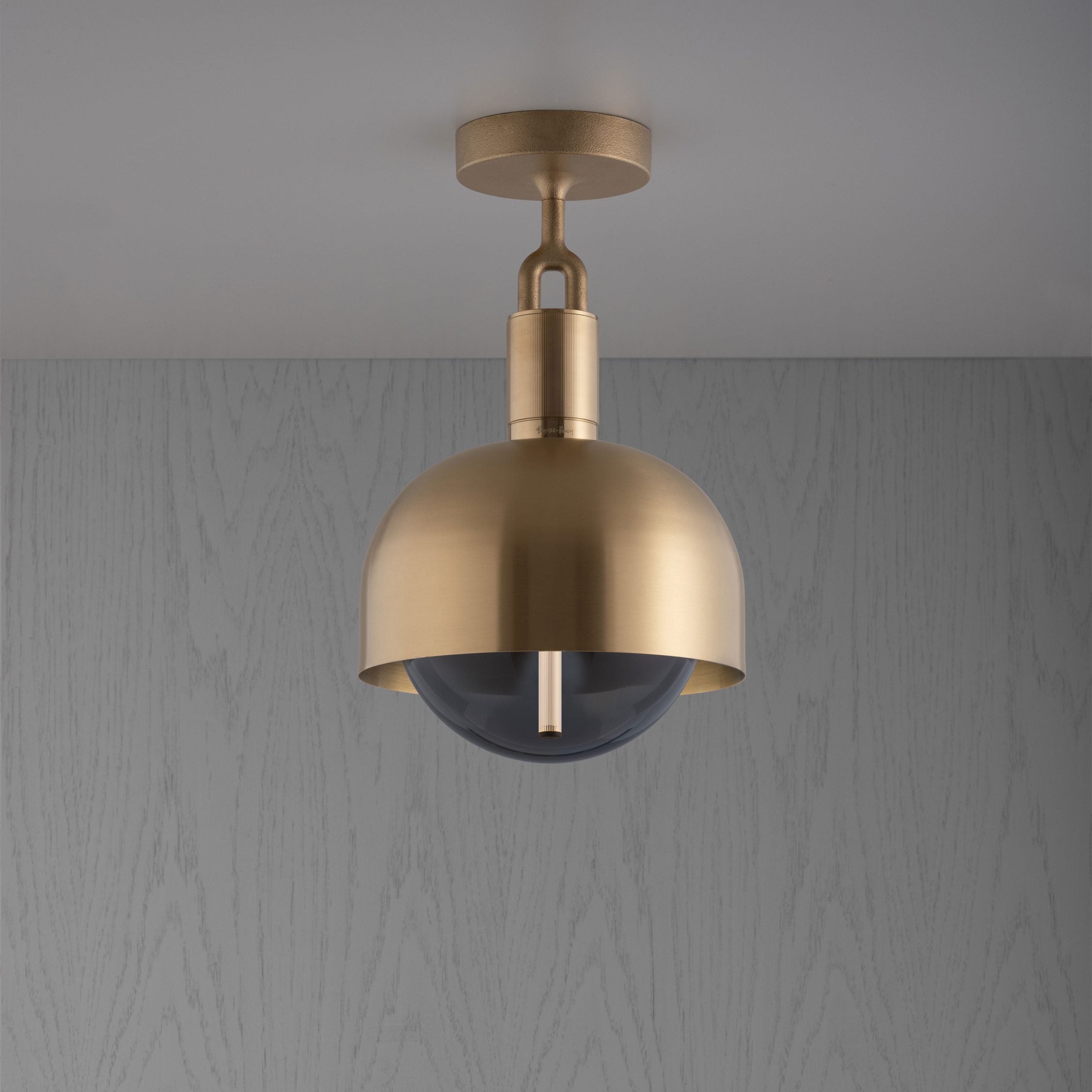 Forked Ceiling Light / Shade / Globe / Smoked / Medium brass, front view.