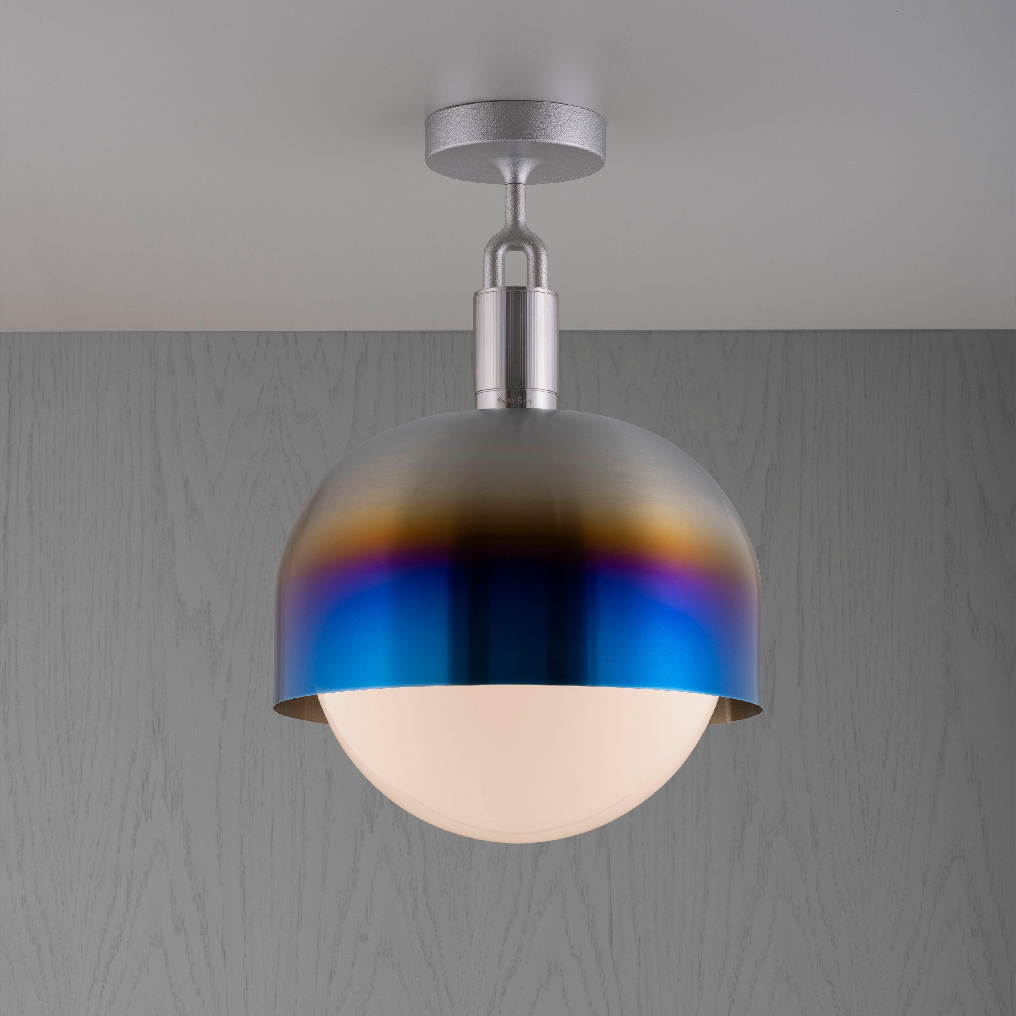 Forked Ceiling Light / Shade / Globe / Opal / Medium burnt steel, front view.