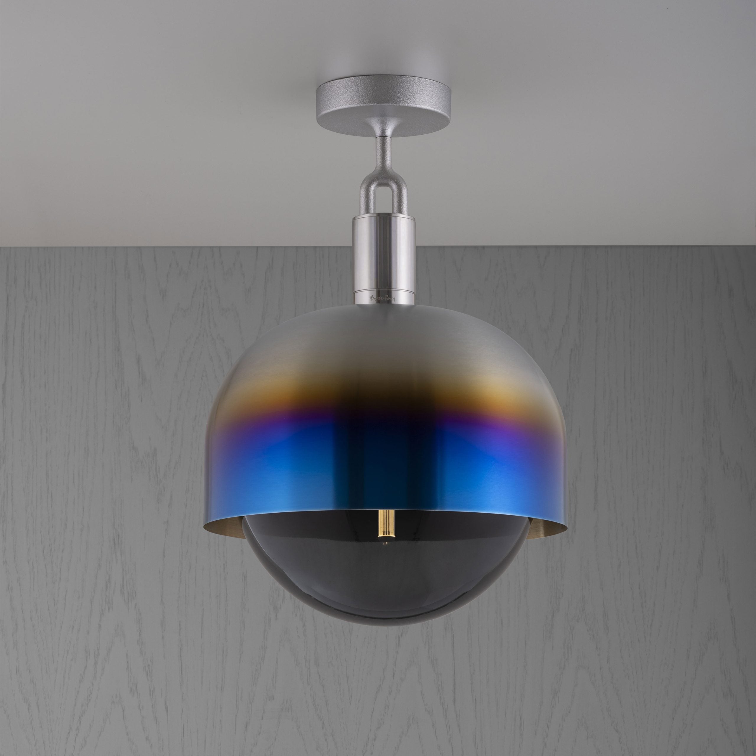 Forked Ceiling Light / Shade / Globe / Smoked / Large Burnt Steel, front view.