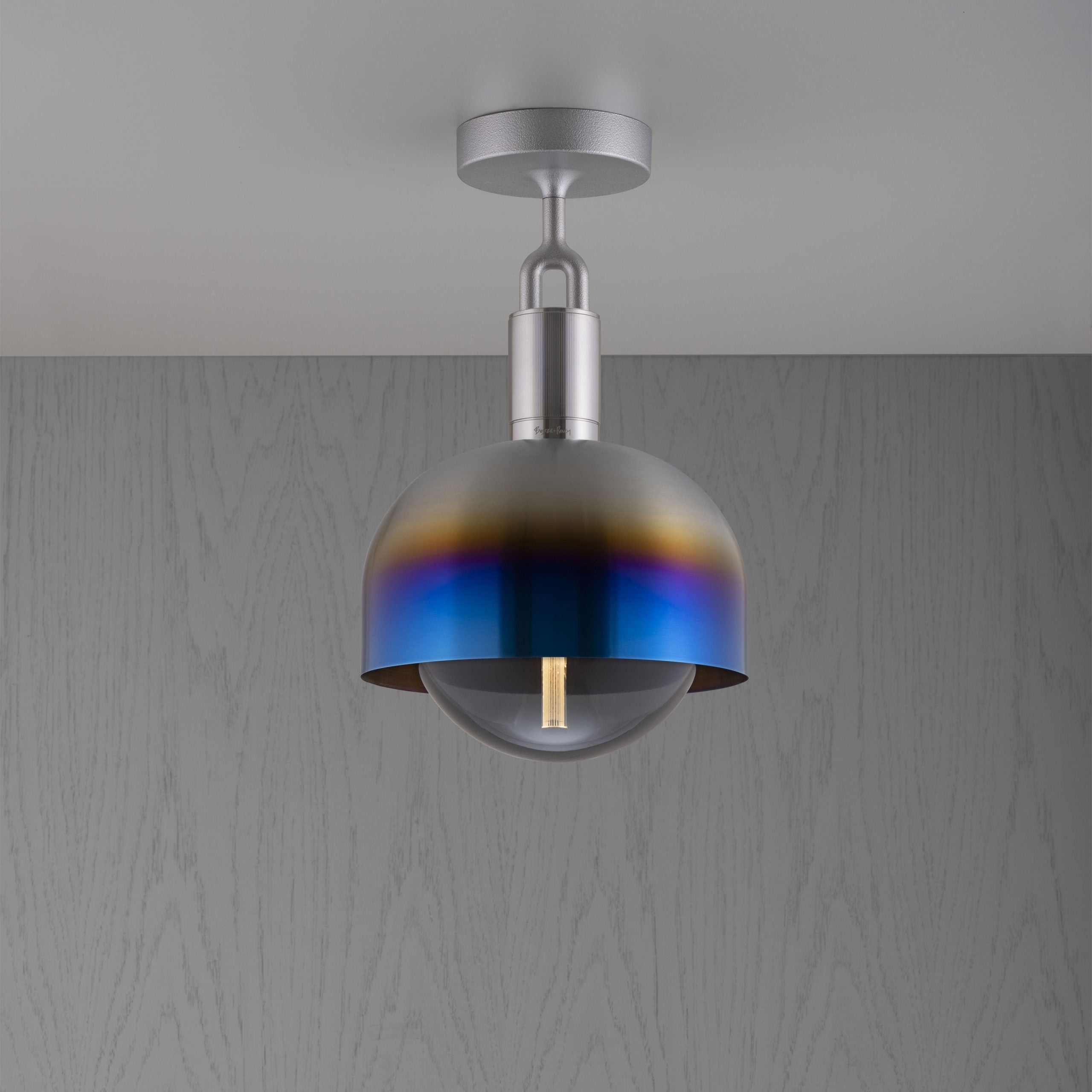 Forked Ceiling Light / Shade / Globe / Smoked / Medium Burnt Steel, front view.