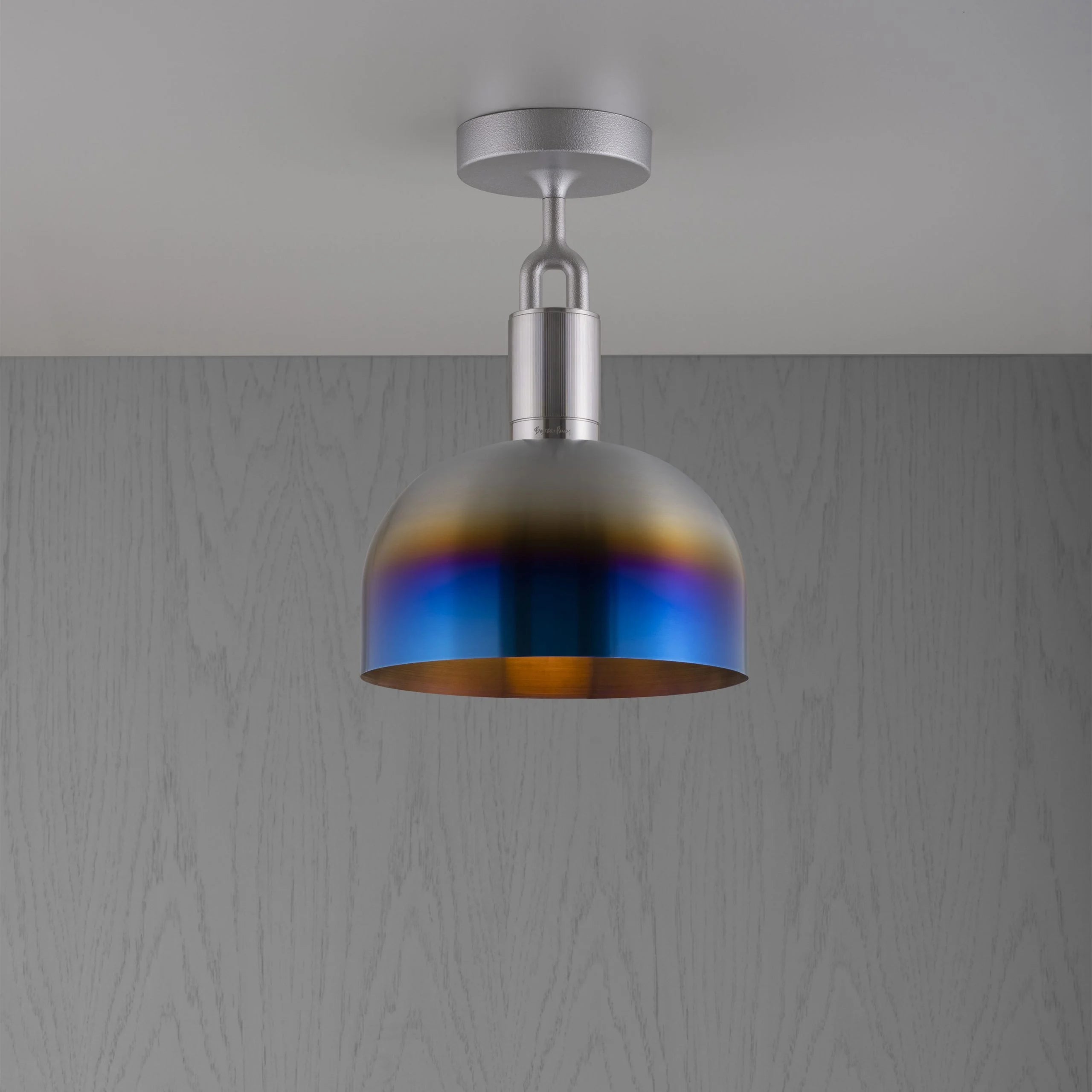 Forked Ceiling Light / Shade / Medium burnt steel, front view.