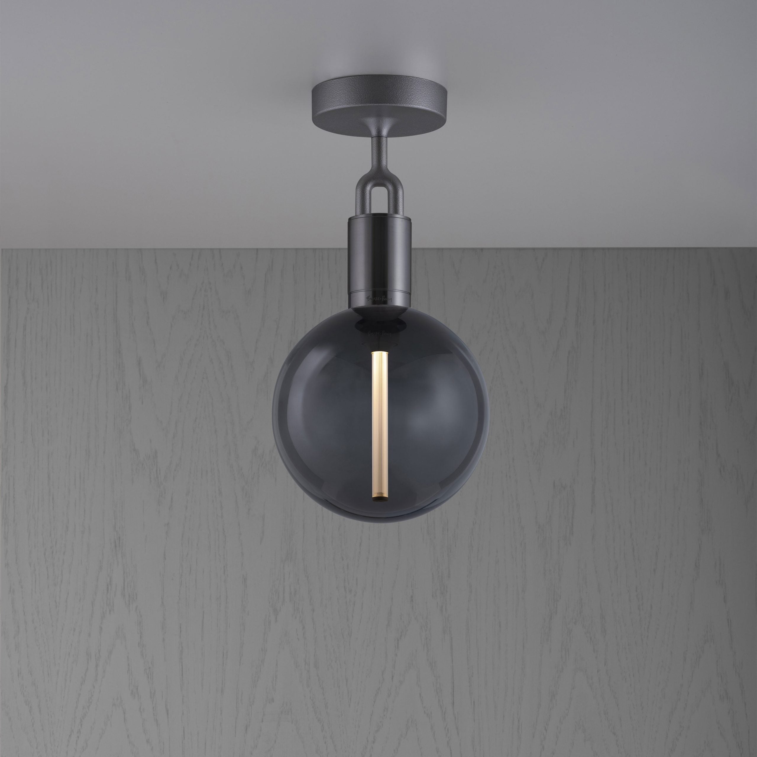 Forked Ceiling Light / Globe / Smoked / Medium Gun metal, front view.