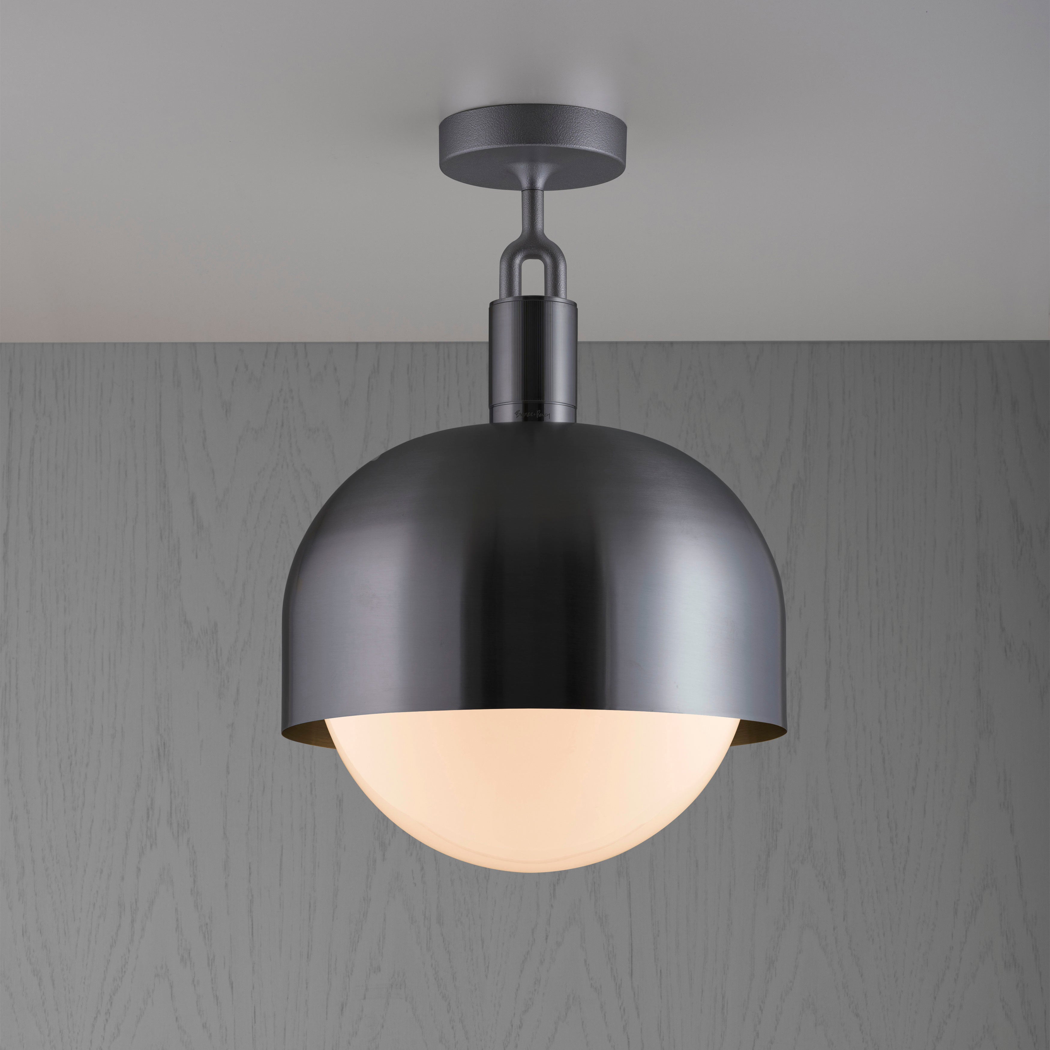 Forked Ceiling Light / Shade / Globe / Opal / Medium gun metal, front view.