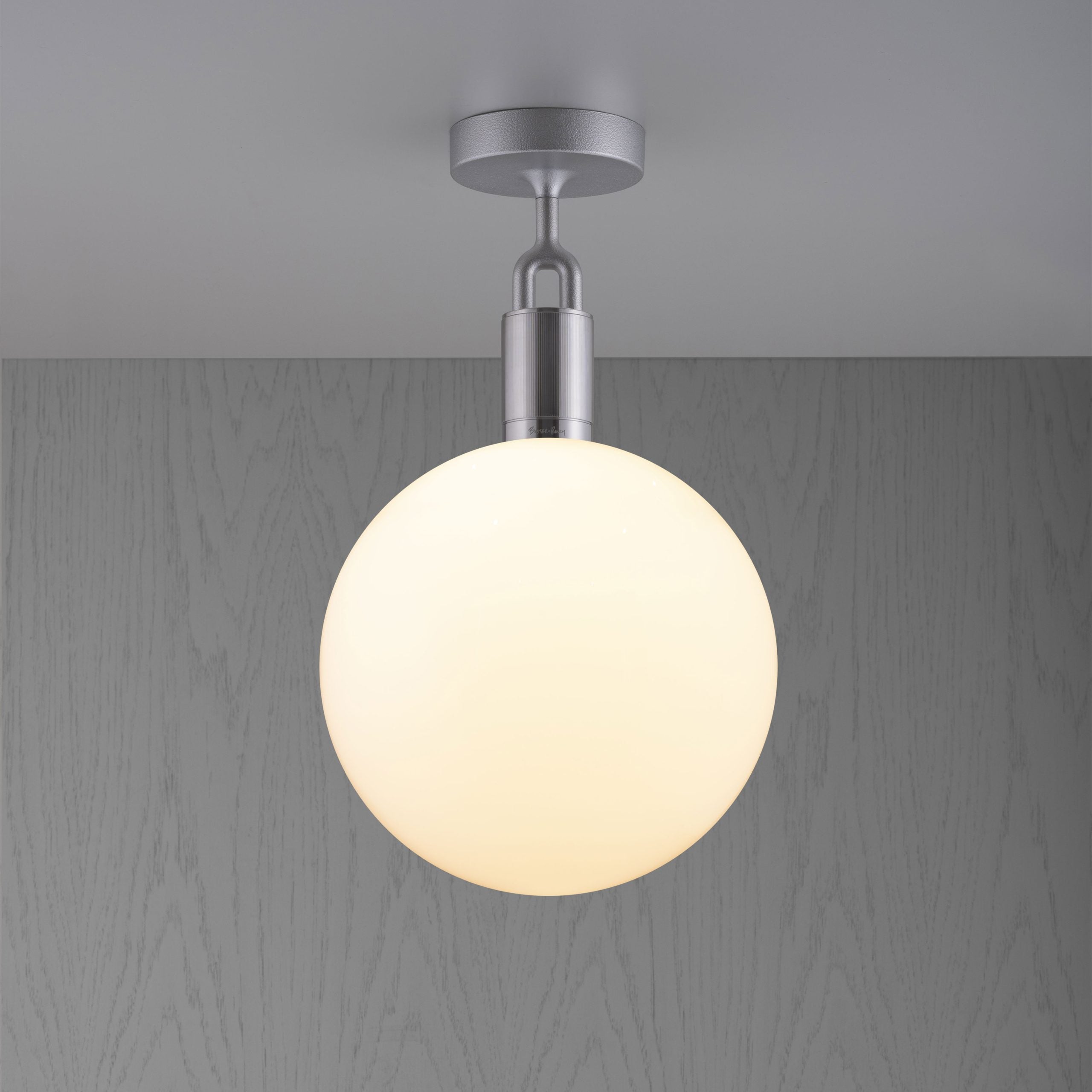 Forked Ceiling Light / Globe / Opal / Large Steel, front view.