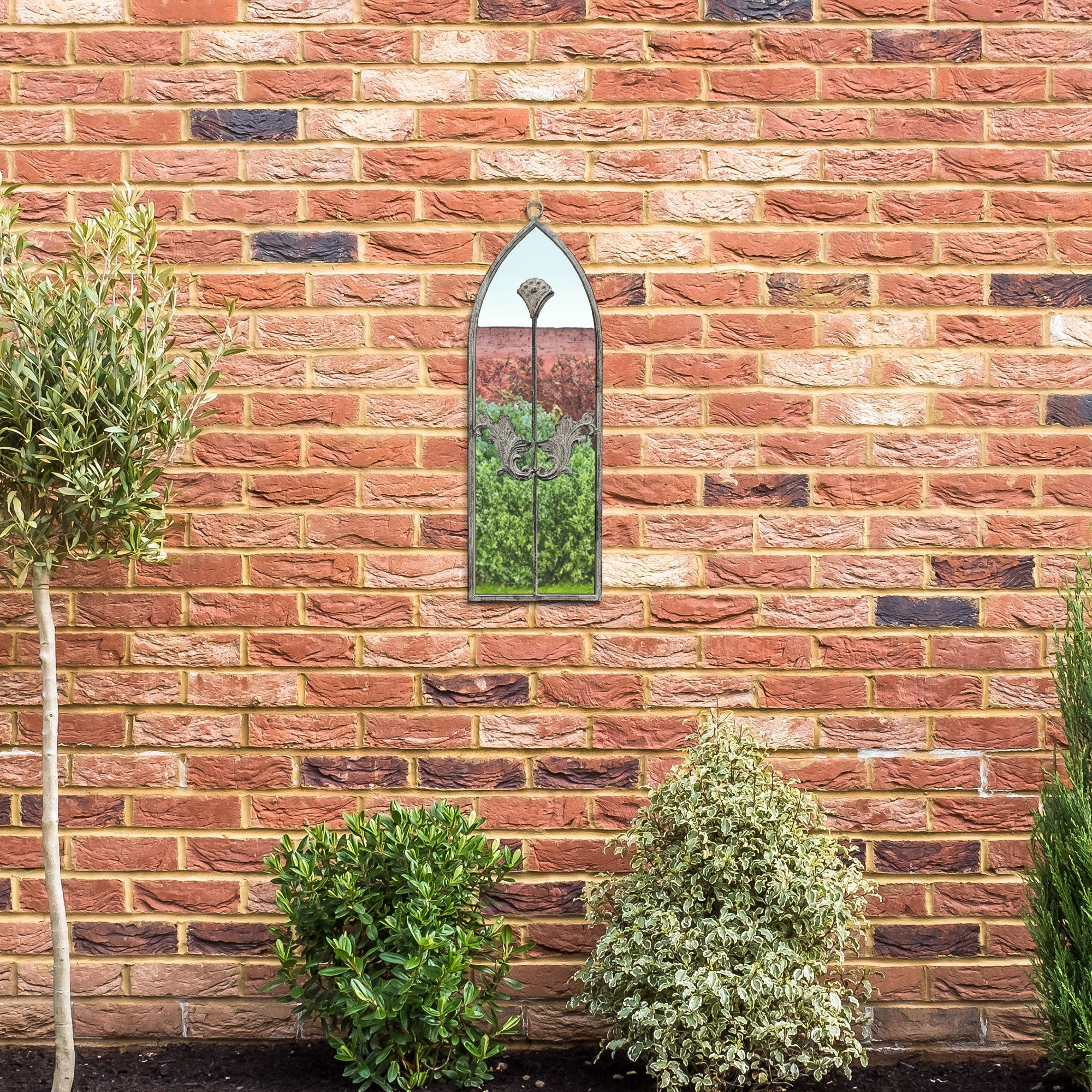 The Arcus - 24" x 8" (60 x 20CM) Arched Garden Mirror with Concrete-Colored Metal Frame-5