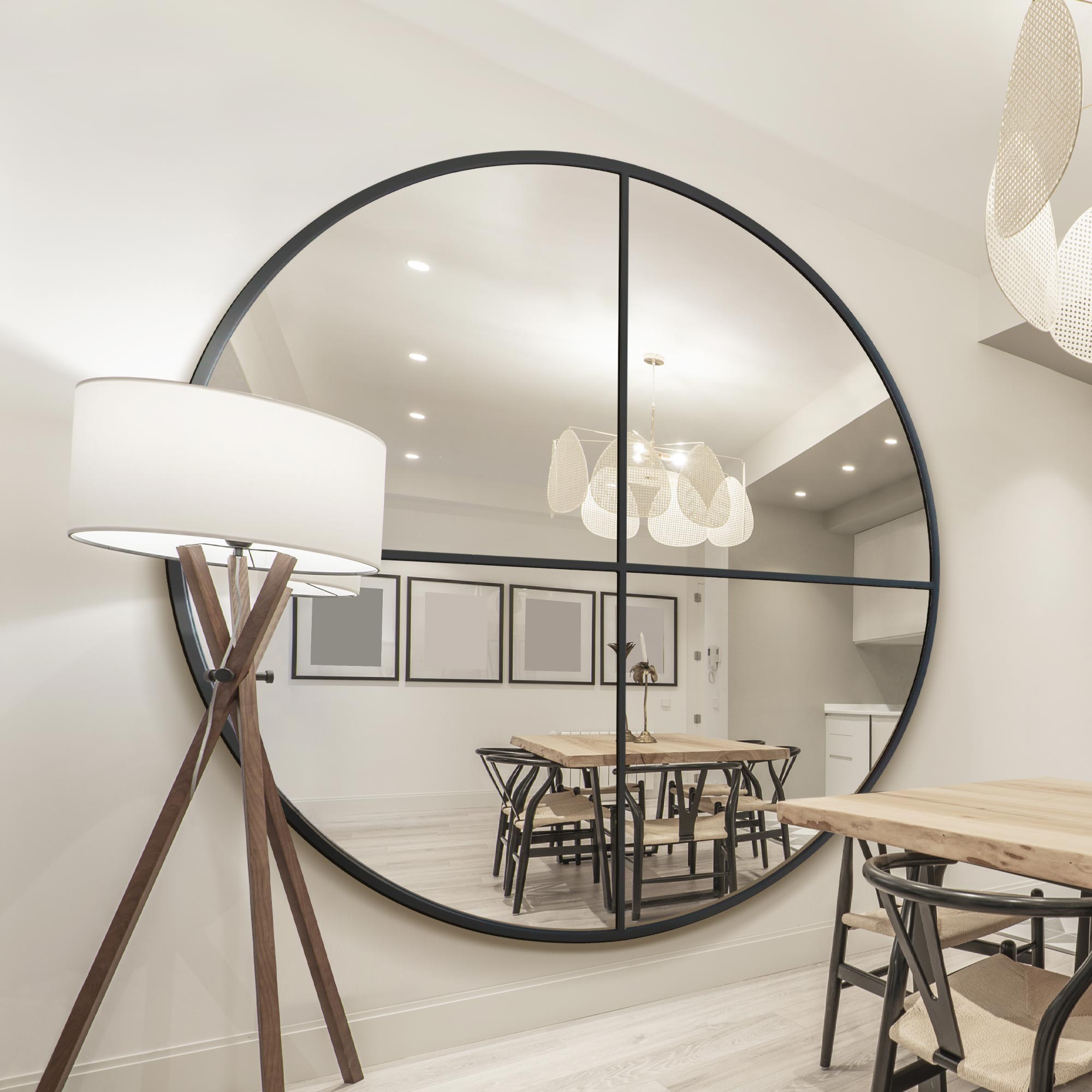 Fenestra XL Round Black Metal Wall and Leaner Mirror - 79"x 79" (200x200cm)-2
