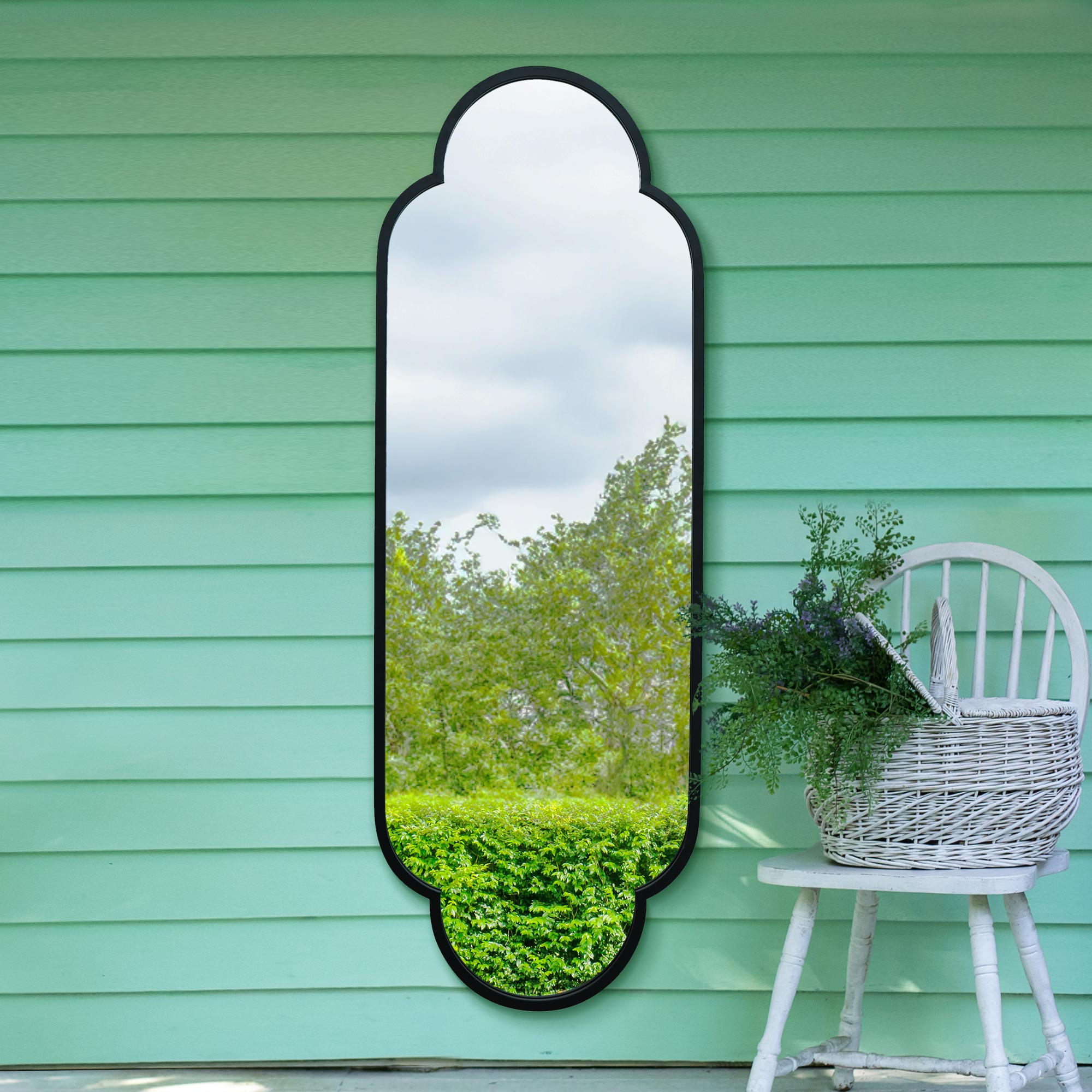 The Duplici - Elegant Black Metal Double Arched Oval Garden Wall Mirror 67" X 23" (170CM X 59CM)-10