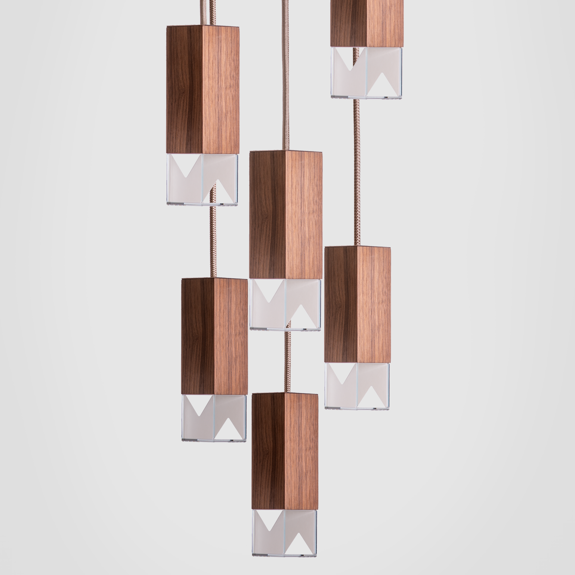 Lamp/ One Wood 6- Light Chandelier, detailed close up view of pendants.