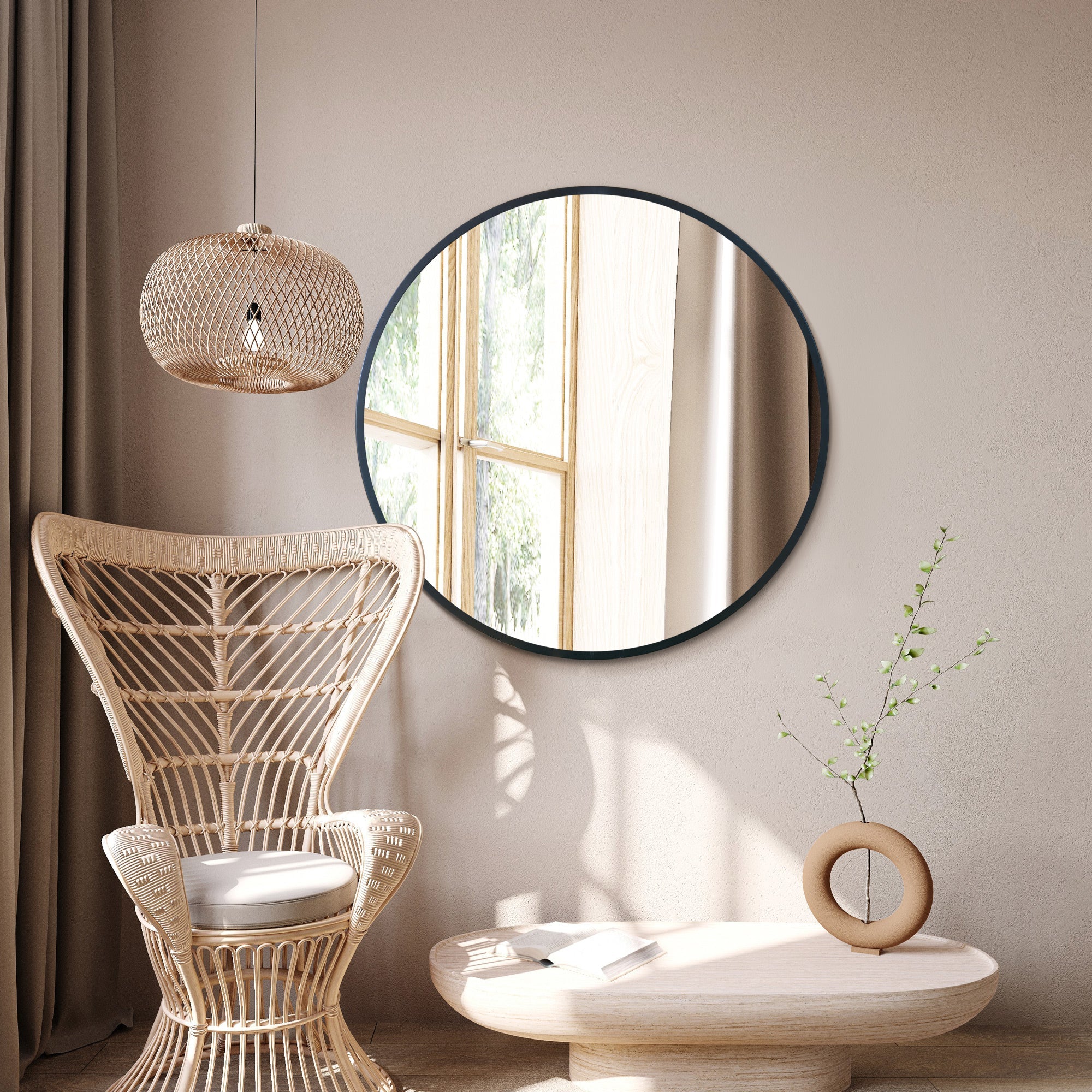The Fenestra - 35" (90CM) Diameter Modern Round Wall Mirror with Black Edge-8