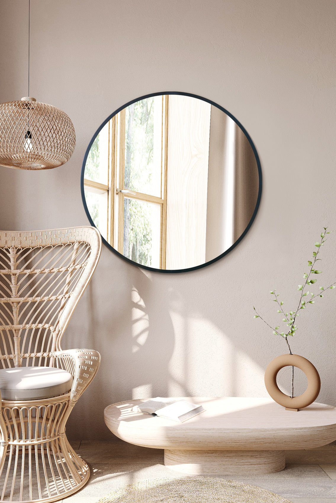 The Fenestra - Contemporary Round Wall Mirror with Black Trim 31" (80CM) Diameter-7