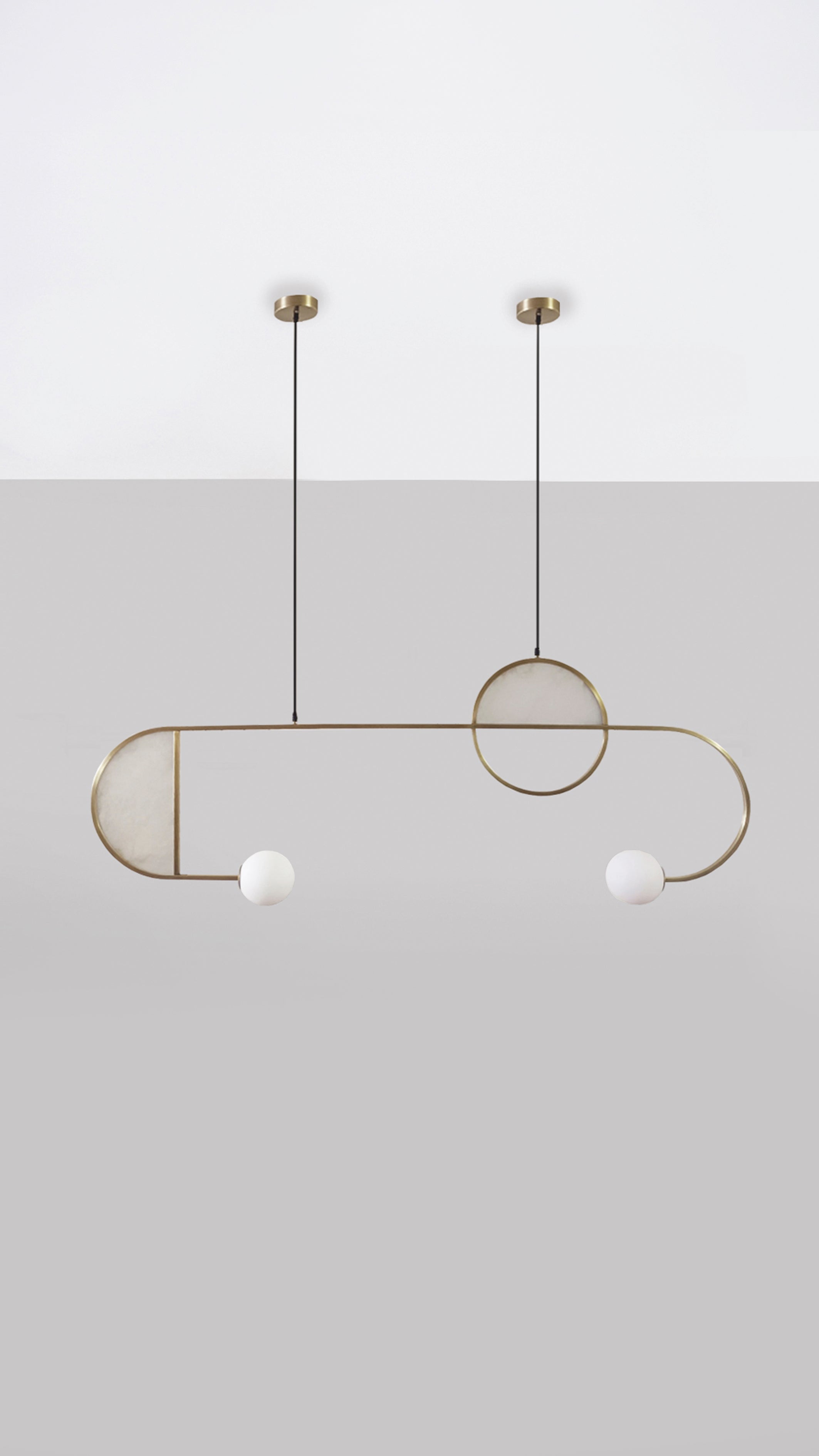 Cutting Edge Pendant Light, front view hanging from ceiliing.