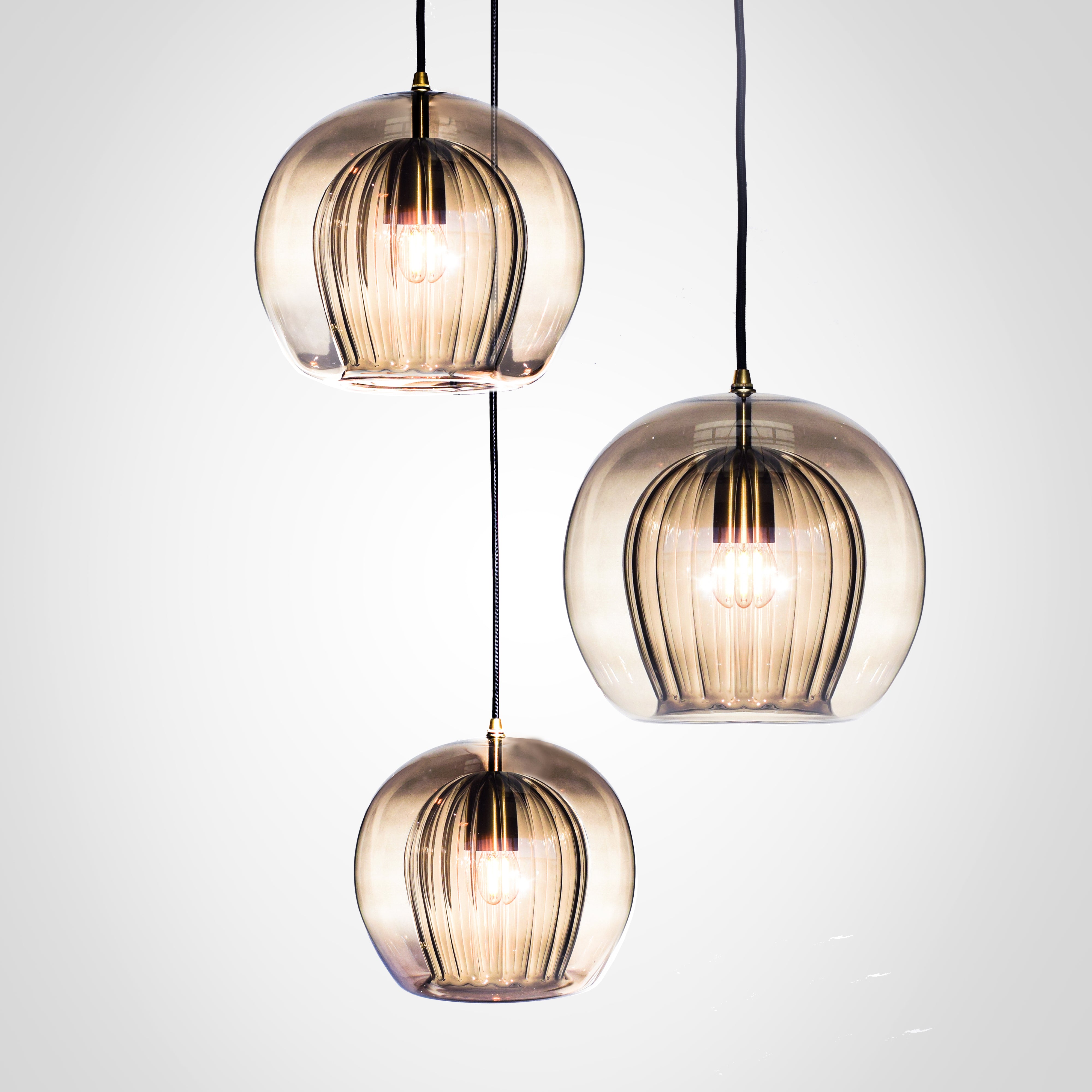 Pleated Crystal 3 Pendant Cluster Light smoked, front view.